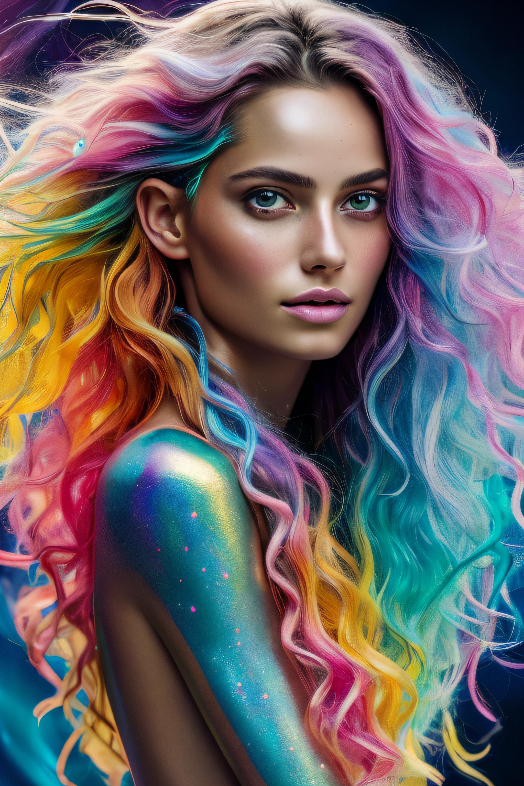 wild mystical lady with waving hair, metallic shine, detailed symmetric eyes, detailed gorgeous face,, anatomically correct, flawless, appearing from colorful liquid oil paint, emerging out of swirling paint best quality, rainbow colors, in style of Andrew Atroshenko, light and glittering and magic diamond shine, magical, ethereal, 8k uhd, dslr, soft lighting, high quality, film grain, Fujifilm XT3