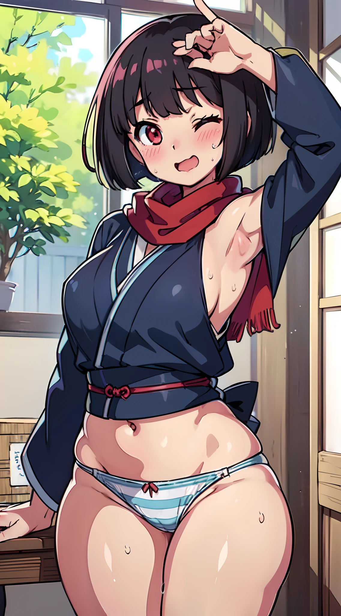 (Perfect body),Best Quality,16 K、(((((Lori)))))、(((Kimono)))、sleeve less、(a miniskirt)、((Light blue striped panties))、(((blush)))、:D、Eyes closed、I have my mouth wide open、Wavy mouth、Tsuriformes、Blunt bangs、(short-hair)、(((bob cuts)))、(Red Eyes),((Black hair)),(Sweat)、((red scarf))、((Big ass))、flat chest、(((thick thighs)))、Armpits、(‎Classroom)