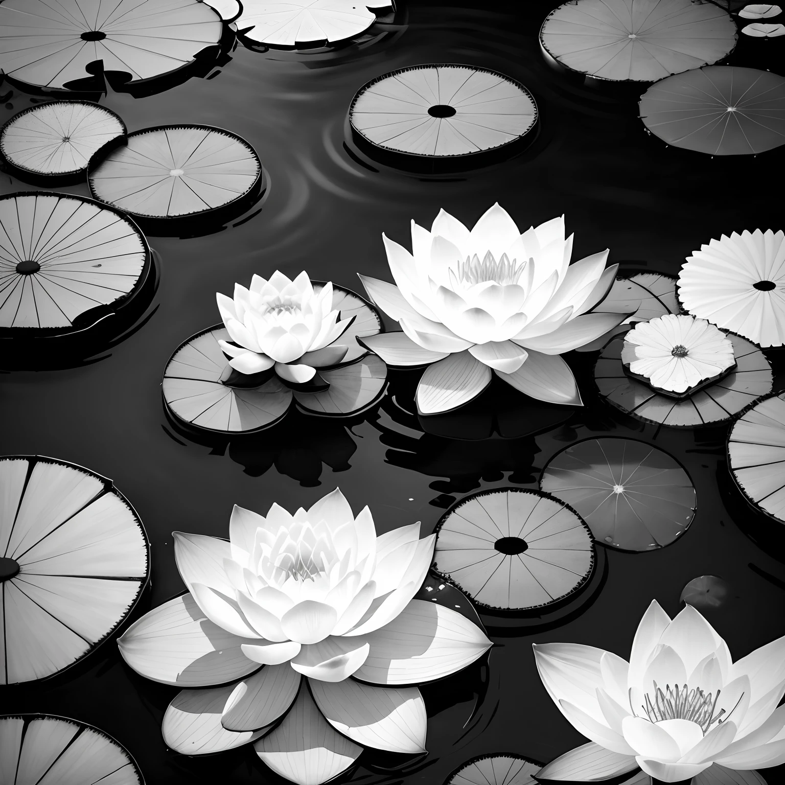 Lotus, water lily, water splash, black and white