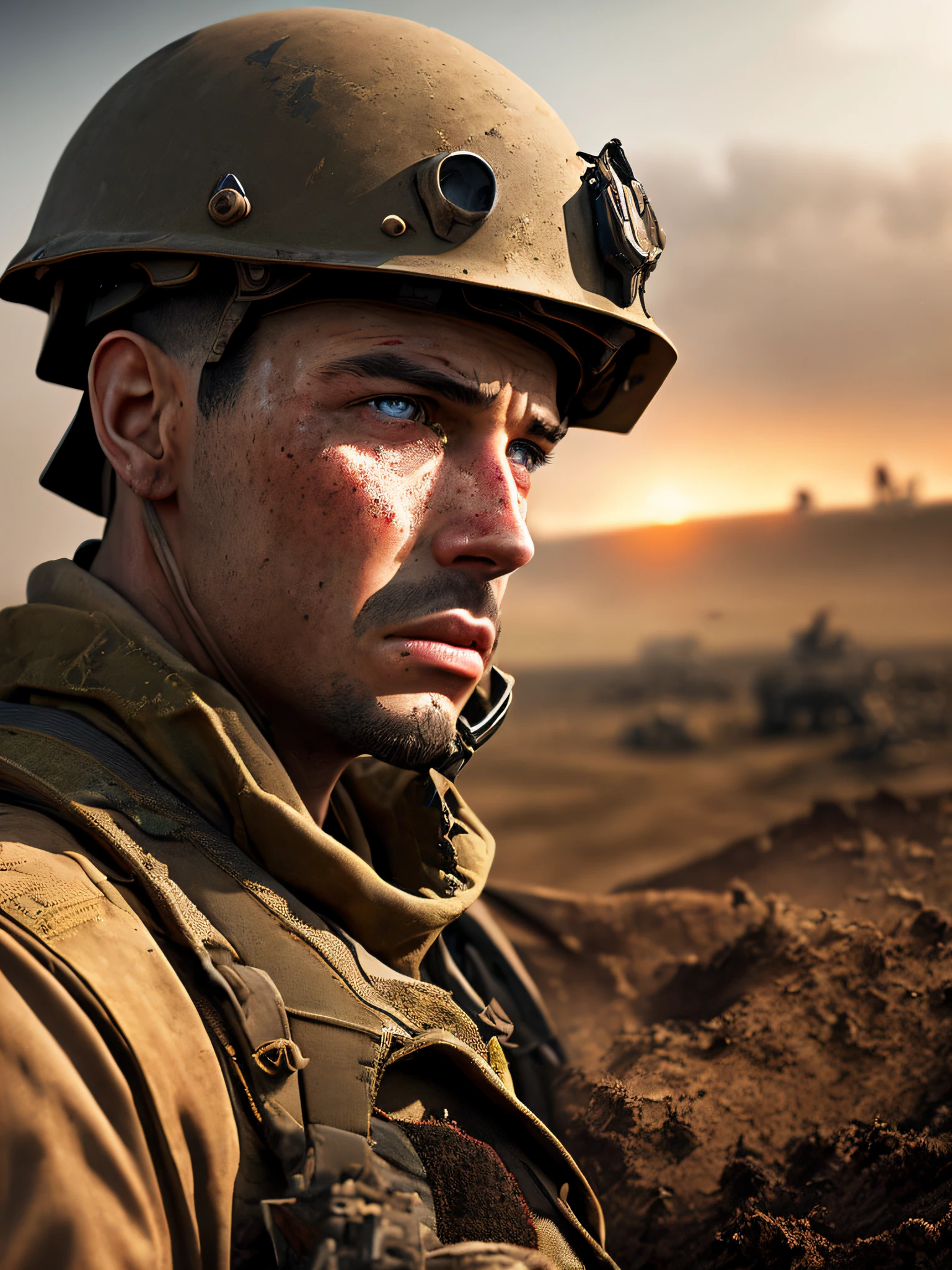 War soldier, expression of despair, torn clothes, destroyed clothes, worn out clothes, all dirty, dirty, dirt, lifeless eyes, blood on the face, field of war and destruction, bombs exploding, distant planes dropping bombs, trenches, tanks, {extremely detailed 8k CG unit wallpaper}, expansive landscape photography, (a low view focusing on the character and setting), (wide open field view), (low angle shot), (high light : 1.0), (low light: 1.5), (warm light source: 1.5), complex details, (iridescent colors: 1.0), (bright lighting), (atmospheric lighting), Surreal, dreamy, bleak