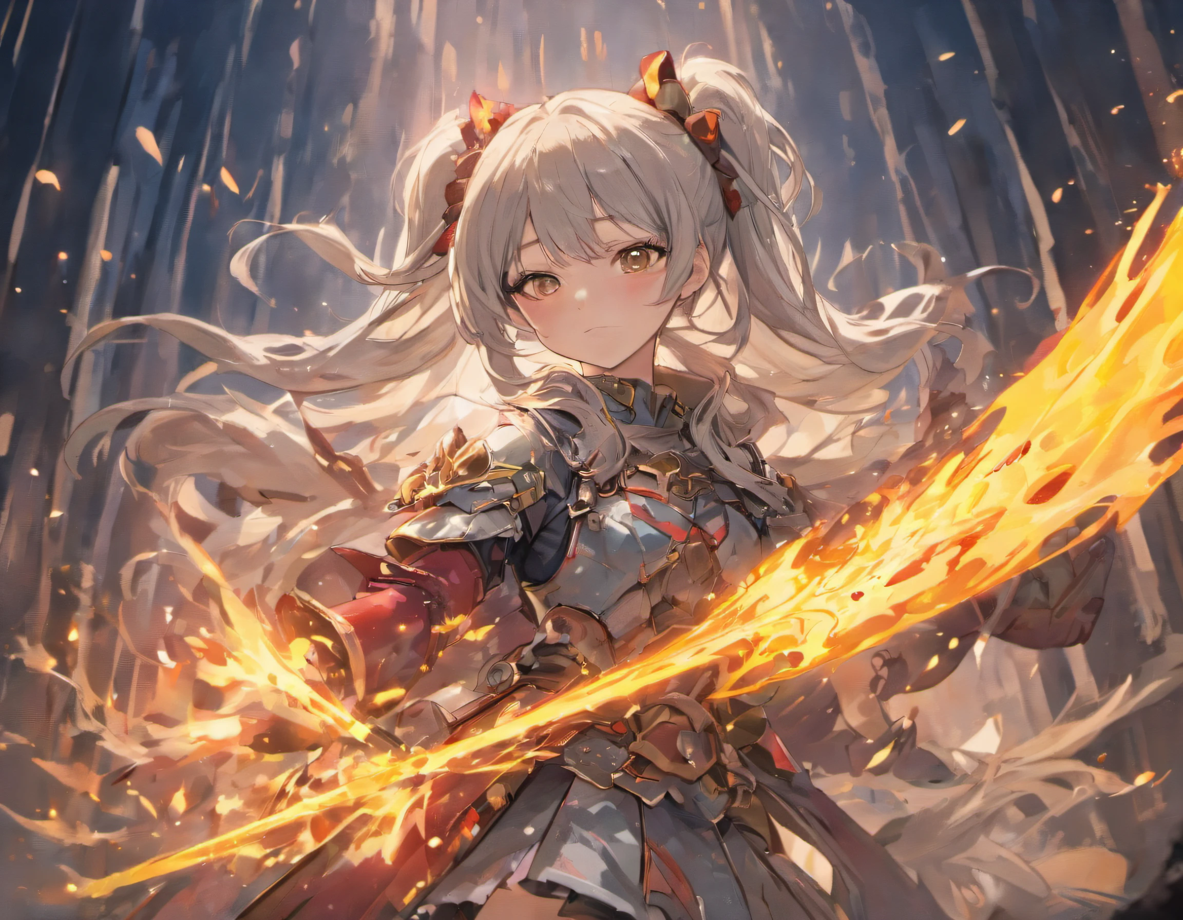 Ins style, Harajuku style, a beautiful teenage girl, long light gray hair, a ponytail behind her hair and two falls in front of her face, she is wearing silver medieval armor on top of a flat dress that reaches her knees, she is carrying a bow white in flames, a beautiful magical background. forest, red eyes, her full body is frontal, posing for a frontal photo, character in front.