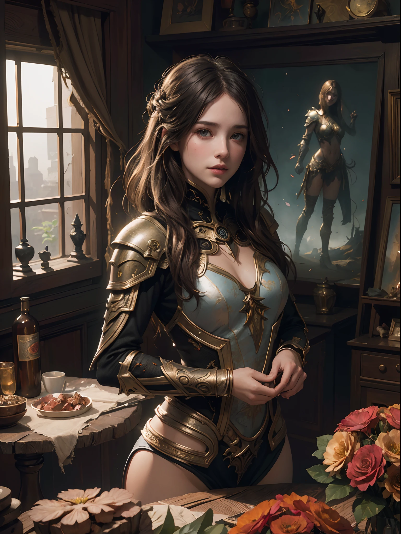 (by Greg Rutkowski: 1.2), (masterpiece), ((best quality)), extremely delicate and beautiful, illustration, absurdres, highres, ultra detailed, (1girl:1.3), warm colors, glowing hair, parted smile, lips, fantasy Knight intricate armor, craftsmanship, dynamic, psychedelic, fractal patterns, geometric figures, (flowers, petals), Deep Tone, From Brian Froud and Carne Griffiths and Wadim Kashin and John William Waterhouse, 8K post-production, high resolution, hyperdetailed, depth of field, HDR, intricate