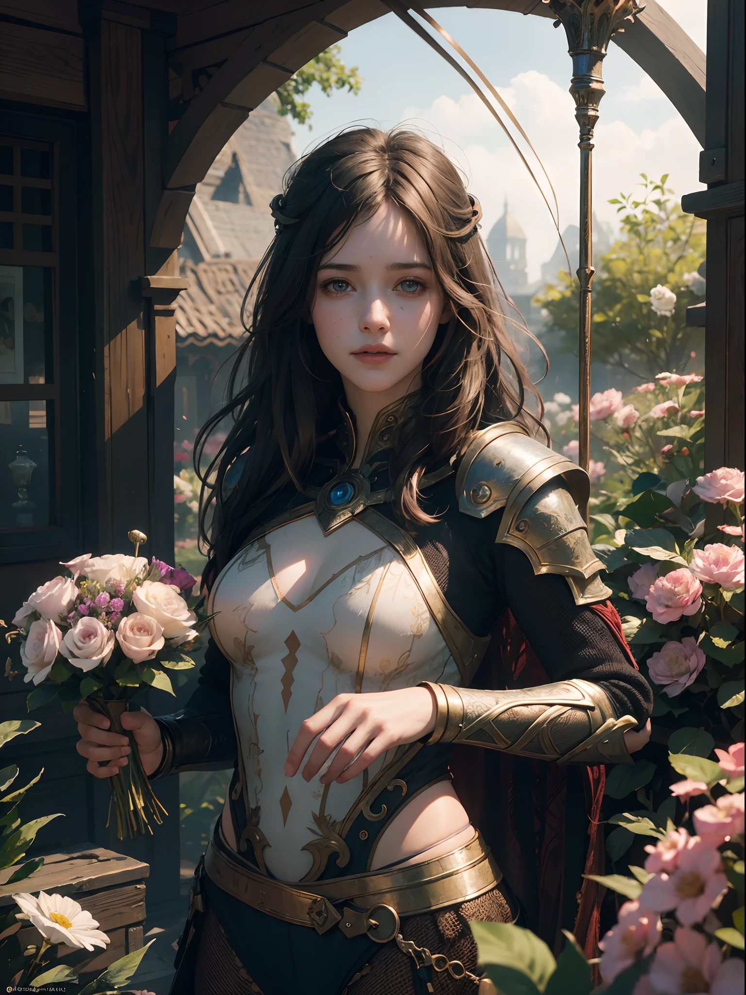 (by Greg Rutkowski: 1.2), (masterpiece), ((best quality)), extremely delicate and beautiful, illustration, absurdres, highres, ultra detailed, (1girl:1.3), warm colors, glowing hair, parted smile, lips, fantasy Knight intricate armor, craftsmanship, dynamic, psychedelic, fractal patterns, geometric figures, (flowers, petals), Deep Tone, From Brian Froud and Carne Griffiths and Wadim Kashin and John William Waterhouse, 8K post-production, high resolution, hyperdetailed, depth of field, HDR, intricate