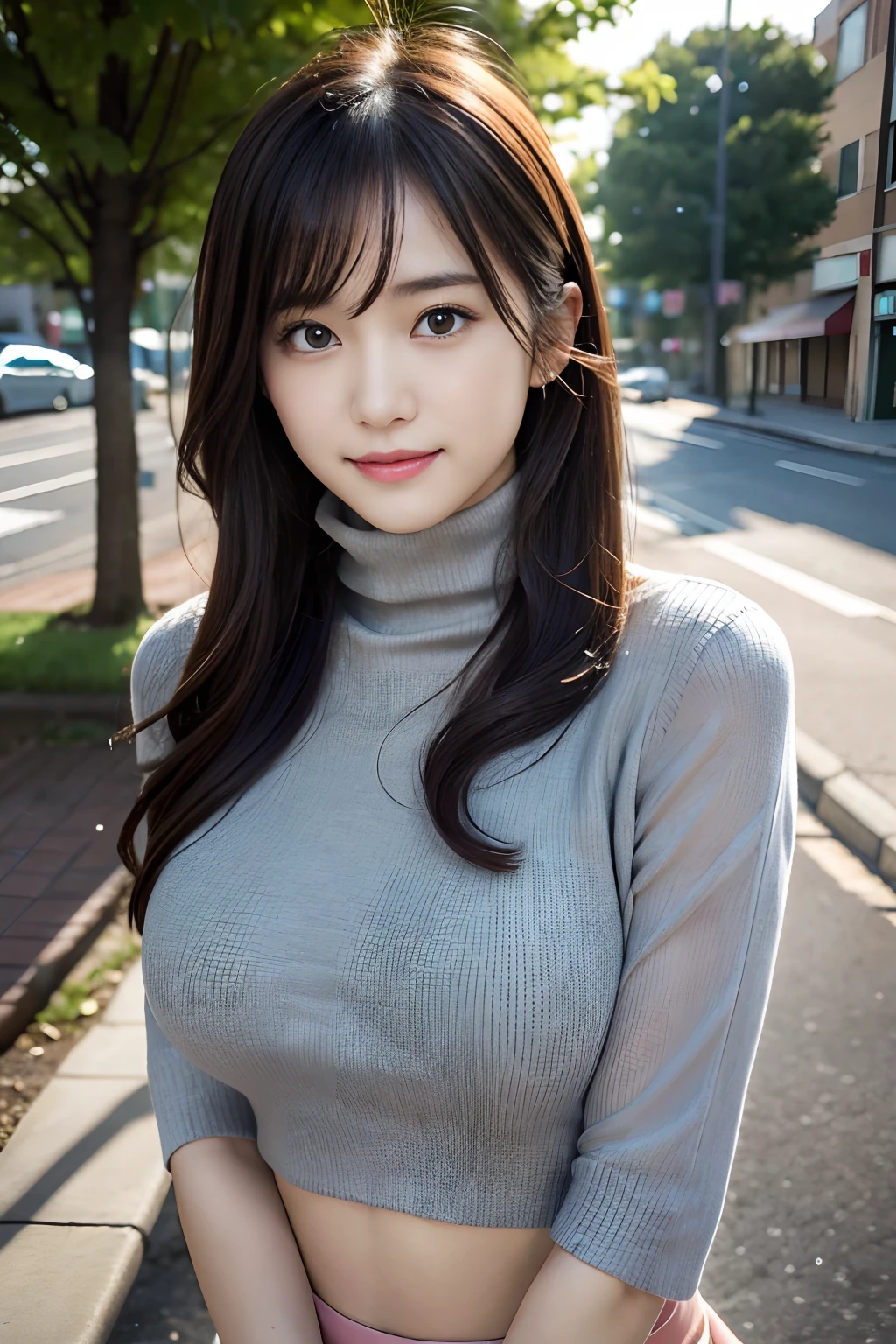 Top image quality、​masterpiece、超A high resolution、Raw photography、(Photorealsitic:1.4)、1girll、A detailed face、cowboy  shot、(Warm gray turtleneck)、(Muffler on the neck)、 (big breasts thin waist:1.2)、long disheveled knotted hair、Bokeh、beautiful  lighting、model poses、slender、韓国アイドル、age19、（A smile:1.3)、Street Trees