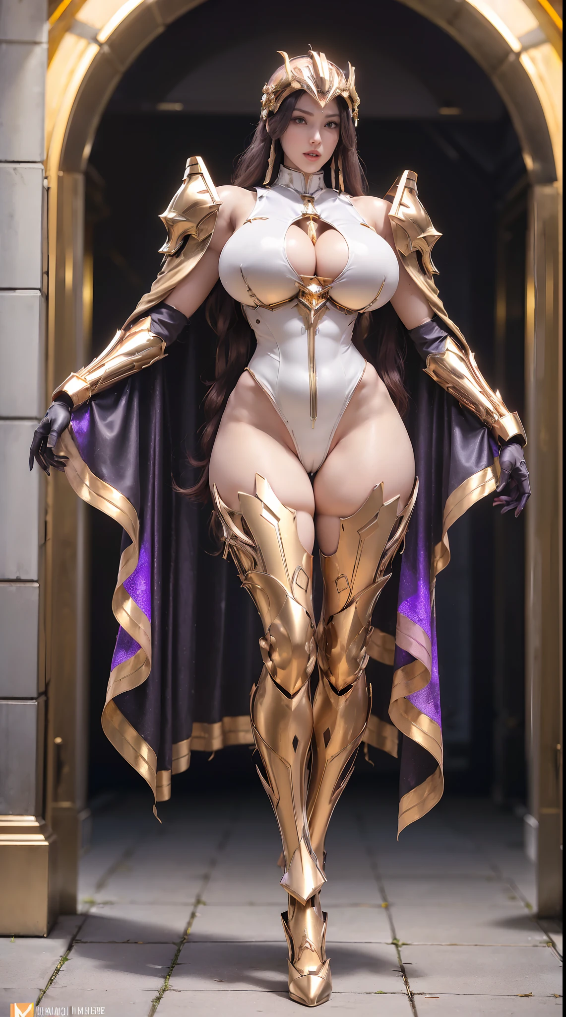 (1GIRL), (ssmile, red_libs, dark_hair, super detailed face), (phoenix mecha helmet:1.2), (BIG BUTTOCKS, HUGE BOOBS:1.4), (PHOENIX MECHA GUARD ARM, GLOVES:1.3), (purple,black,gold, MECHA CYBER SHINY ARMORED SUIT, ROYAL CAPE, CLEAVAGE, MECHA SKINTIGHT HOTPANTS, GUARD ARMOR LEGS, HIGH HEELS:1.4), (NSFW MUSCULAR BODY, SEXY LONG LEGS, FULL BODY:1.5), (MUSCLE ABS:1.2), (LOOKING AT VIEWER:1.2), (WALKING DOWN HALLWAY OF FUTURISTIC SPACE STATION, BRIGHT LIGHTING:1), PHYSICALLY-BASED RENDERING, ULTRA HIGHT DEFINITION, 16K, 1080P.