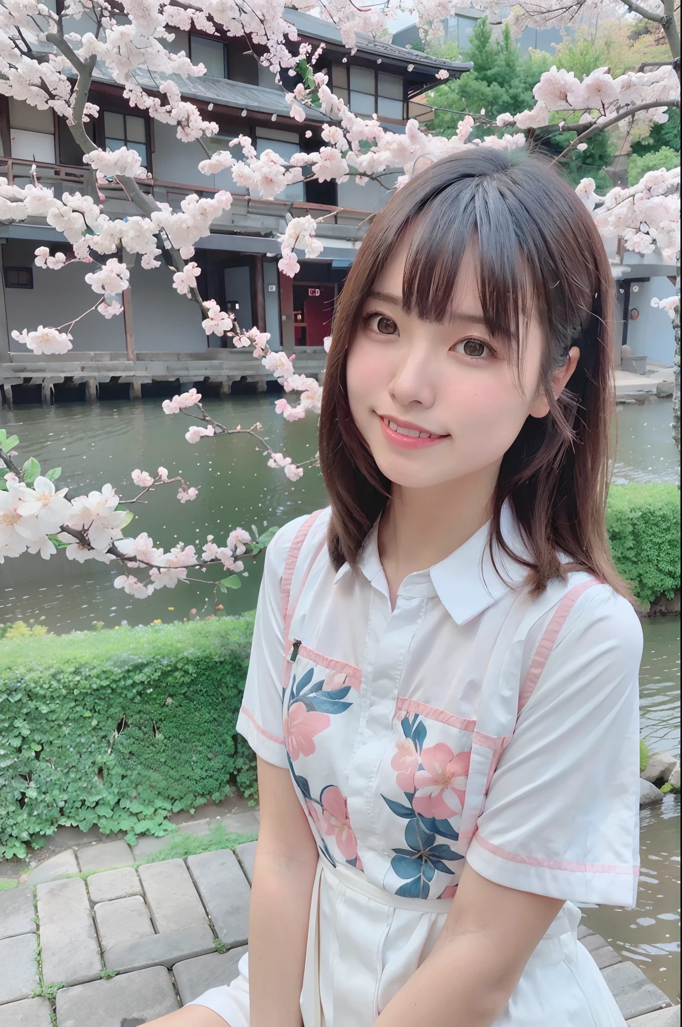best quality, ultra high res, (photorealistic:1.4),blush,cute,(detailed face),light smile,
looking at viewer,
upper body, japanese clothes,
sunny,river,(cherry blossoms),blue sky,