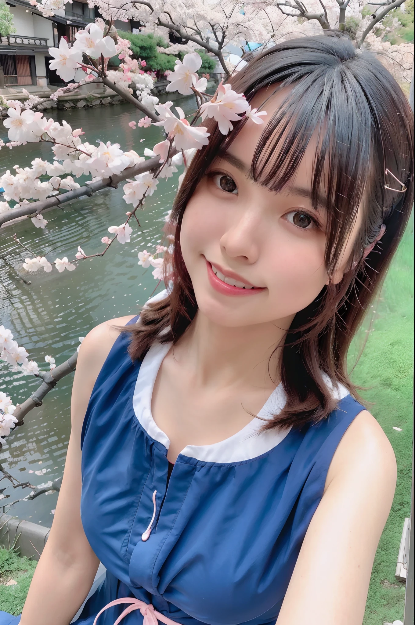 best quality, ultra high res, (photorealistic:1.4),blush,cute,(detailed face),light smile,
looking at viewer,
upper body, japanese clothes,
sunny,river,(cherry blossoms),blue sky,
