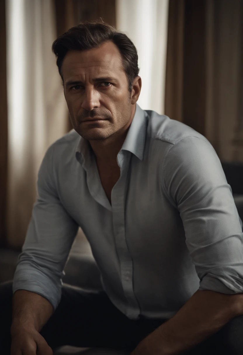 Impressive portrait of a 40-year-old man, deeply dejected and crying. Every detail is meticulously represented, from his naturally brown hair to his teary eyes, captured with exceptional quality in high resolution. The expression of sadness is remarkable, with a sharp focus that highlights intricate skin and eye details. This masterpiece was taken with an 85-millimeter Canon camera, providing a soft depth of field and enhancing the Kodak Vision color. The man's body is perfectly framed, resulting in an extremely detailed image that conveys the roughness of real life. This portrait is an example of ultra-realism in photography, with an 8K UHD image quality and post-processing that emphasizes the maximum amount of details.