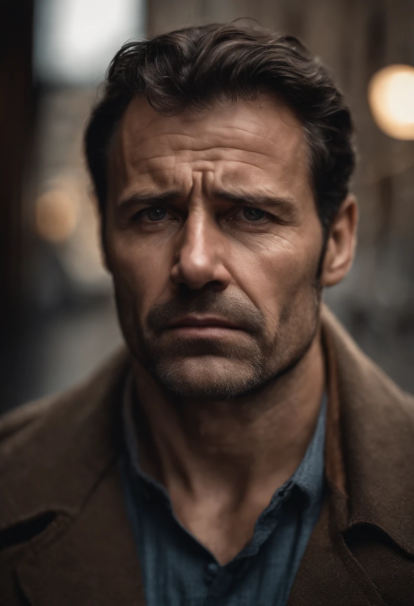 Impressive portrait of a 40-year-old man, deeply dejected and crying. Every detail is meticulously represented, from his naturally brown hair to his teary eyes, captured with exceptional quality in high resolution. The expression of sadness is remarkable, with a sharp focus that highlights intricate skin and eye details. This masterpiece was taken with an 85-millimeter Canon camera, providing a soft depth of field and enhancing the Kodak Vision color. The man's body is perfectly framed, resulting in an extremely detailed image that conveys the roughness of real life. This portrait is an example of ultra-realism in photography, with an 8K UHD image quality and post-processing that emphasizes the maximum amount of details.