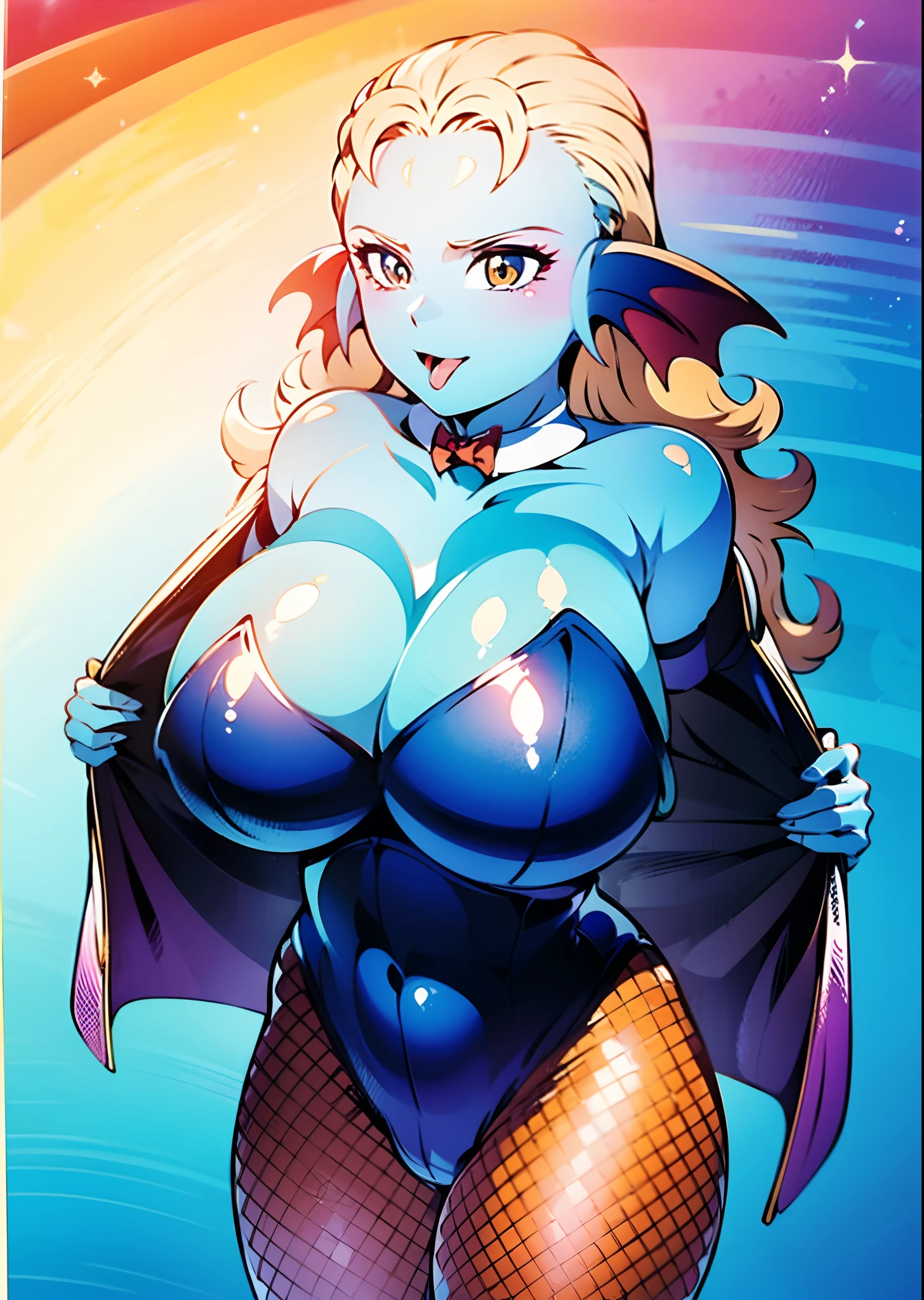 8K, high quality, married, white frown, beautiful, bright, eye highlights, sexy, erotic, beautiful line drawing, light blue skin, blue and orange gradient ear fins, bunny girl, bunny suit, net tights on legs, tongue hanging out of mouth, red ribbon at neck,
