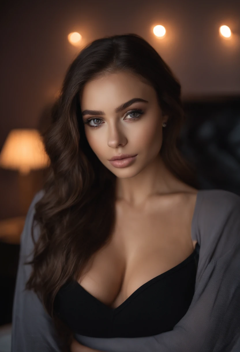 arafed woman with black clothes, sexy girl with brown eyes, portrait sophie mudd, huge breasts, brown hair and large eyes, selfie of a young woman, bedroom eyes, violet myers, without makeup, natural makeup, looking directly at the camera, face with artgram, subtle makeup, stunning full body shot, in bedroom, cleavage
