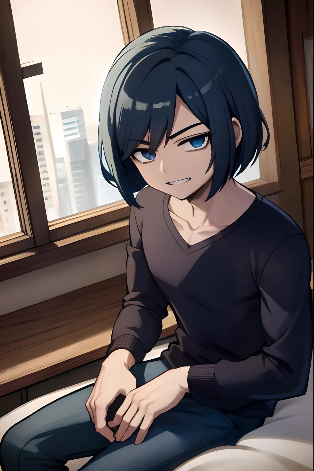 Anime - imagem de estilo de umhomem musculoso sentado em uma cama em um quarto, anime moe artstyle, [[[[sorriso gentil]]]], retrato estilo anime, em estilo anime, em estilo anime, pintado em anime painter studio, Digital anime illustration, retrato da menino, tou, 2 d estilo anime, homem de cabelo azul medio, estilo anime 4K