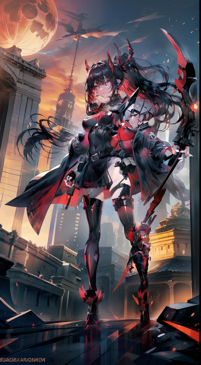 Anime - Stylistic image of a woman dressed in black and red on a ledge, krenz cushart and artgerm, Style Artgerm, Artgerm style, in the style artgerm, persona 5 art style wlop, Range Murata and Artgerm, art-style, Extremely detailed Artgerm, artgerm comic