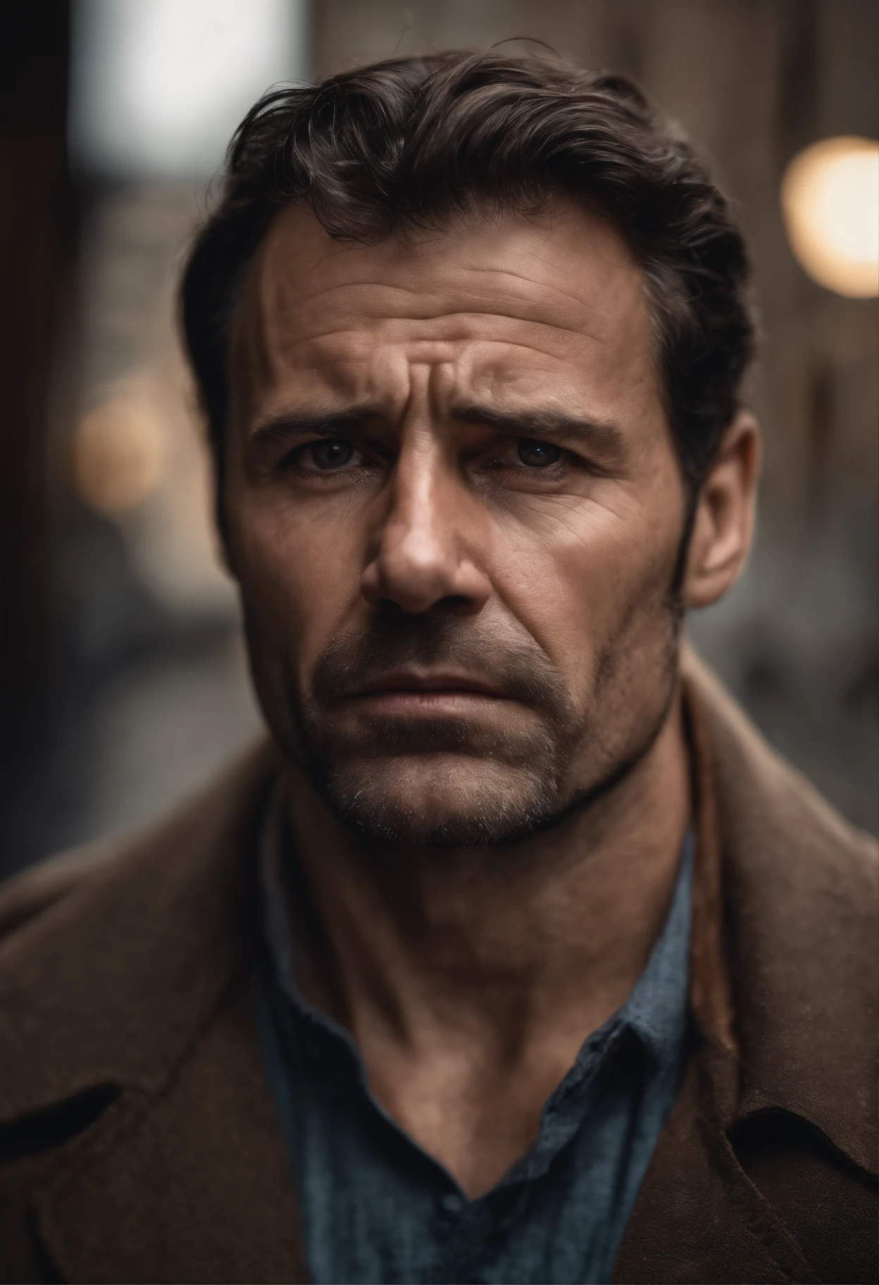 Impressive portrait of a 40-year-old man, deeply dejected and crying. Every detail is meticulously represented, from his naturally brown hair to his teary eyes, captured with exceptional quality in high resolution. The expression of sadness is remarkable, with a sharp focus that highlights intricate skin and eye details. This masterpiece was taken with an 85-millimeter Canon camera, providing a soft depth of field and enhancing the Kodak Vision color. The man's body is perfectly framed, resulting in an extremely detailed image that conveys the roughness of real life. This portrait is an example of ultra-realism in photography, with an 8K UHD image quality and post-processing that emphasizes the maximum amount of details.