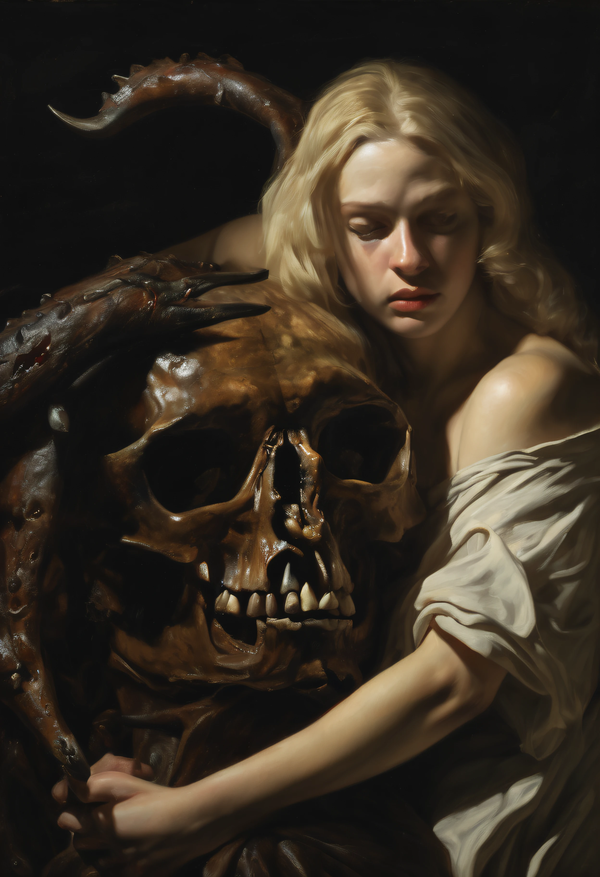 "(The best lighting, alto contraste, oscuro, dramatic),(Chica rubia junto a una cabra negra gigante, Open the rib cage, feto, autopsia, huesos humanos, sangre por las paredes). Luz Caravaggio"