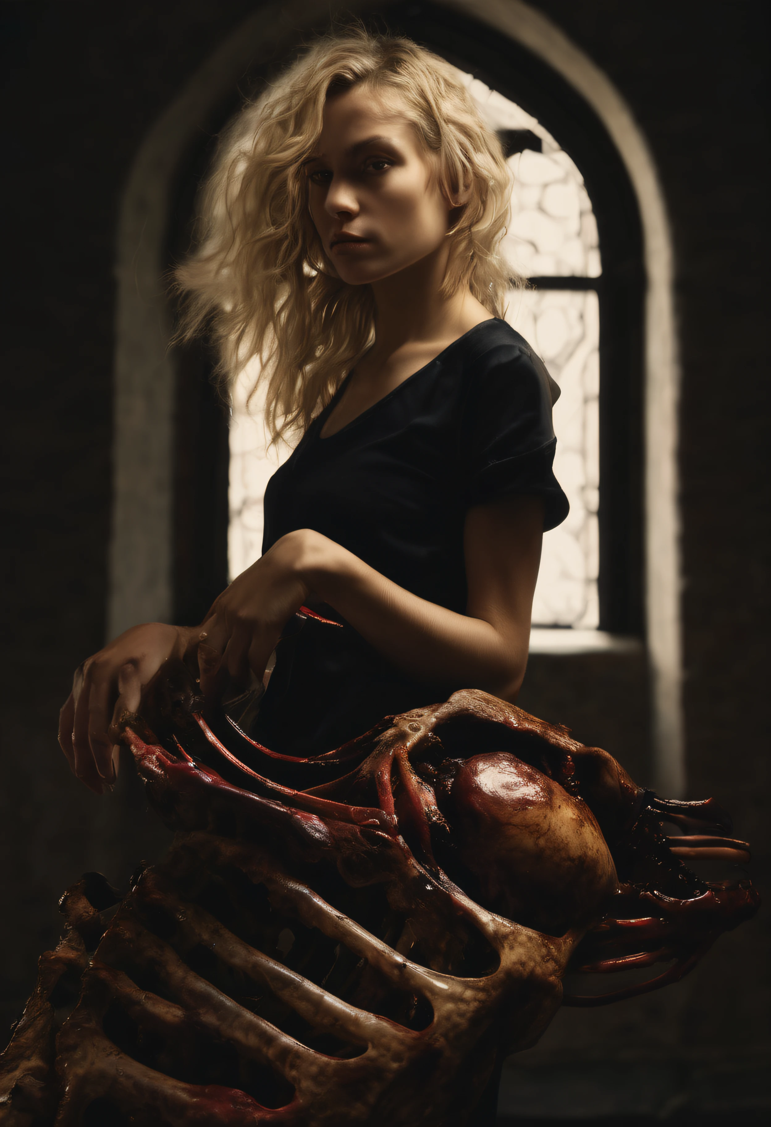 ((Top Quality)), ((Masterpiece)), (Details), (A white female Goddess with beautiful long blonde hair in beautiful French rolls and clear blue eyes looks at the viewer with a wicked and lascivious smile on her red lips, standing proudly with her right paw on the head of a cute puppy lying dead on the floor. The puppy, which was frightened just a moment ago, now lies dead with its mouth open and its tongue hanging out as if asking for help.), nsfw, abnormal fetish, (evil and lascivious smirk), black latex bondage suit, actual photo, dead male puppy, black fishnet stockings, silver stiletto heels, Lots of blood, stomping, gore, gure, 8k, (((crushed dead puppy head, dead puppy's sunken skull, hideously beautiful heels crushing and sinking into the dead puppy's head))), chains with countless hanging hooks from the ceiling, several fresh bright red carcasses hanging, an astonishing amount of red blood, white bones and dark red meat piled up covering the floor, in a bright and impersonal slaughter room, eerie
