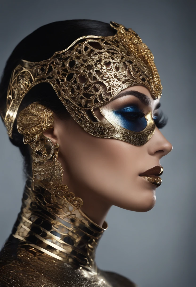 "Create a visual representation of a cybernetic female figure. Half of your face should be adorned with a gold metallic mask or implant, Richly detailed with intricate patterns, engrenagens e elementos que lembram circuitos. The other half of the face should exhibit smooth skin with a metallic bluish tint. Your eyes should be piercing and an electric blue. Lips should be subtle and well-defined, with a dark blue metallic tone. Include a Cyber Hand, Also detailed in gold and blue metal, tocando suavemente o rosto. Lighting should offer a predominance of cool shades of blue, but also warm golden reflections. A atmosfera geral da imagem deve ser futurista, misteriosa e elegante."