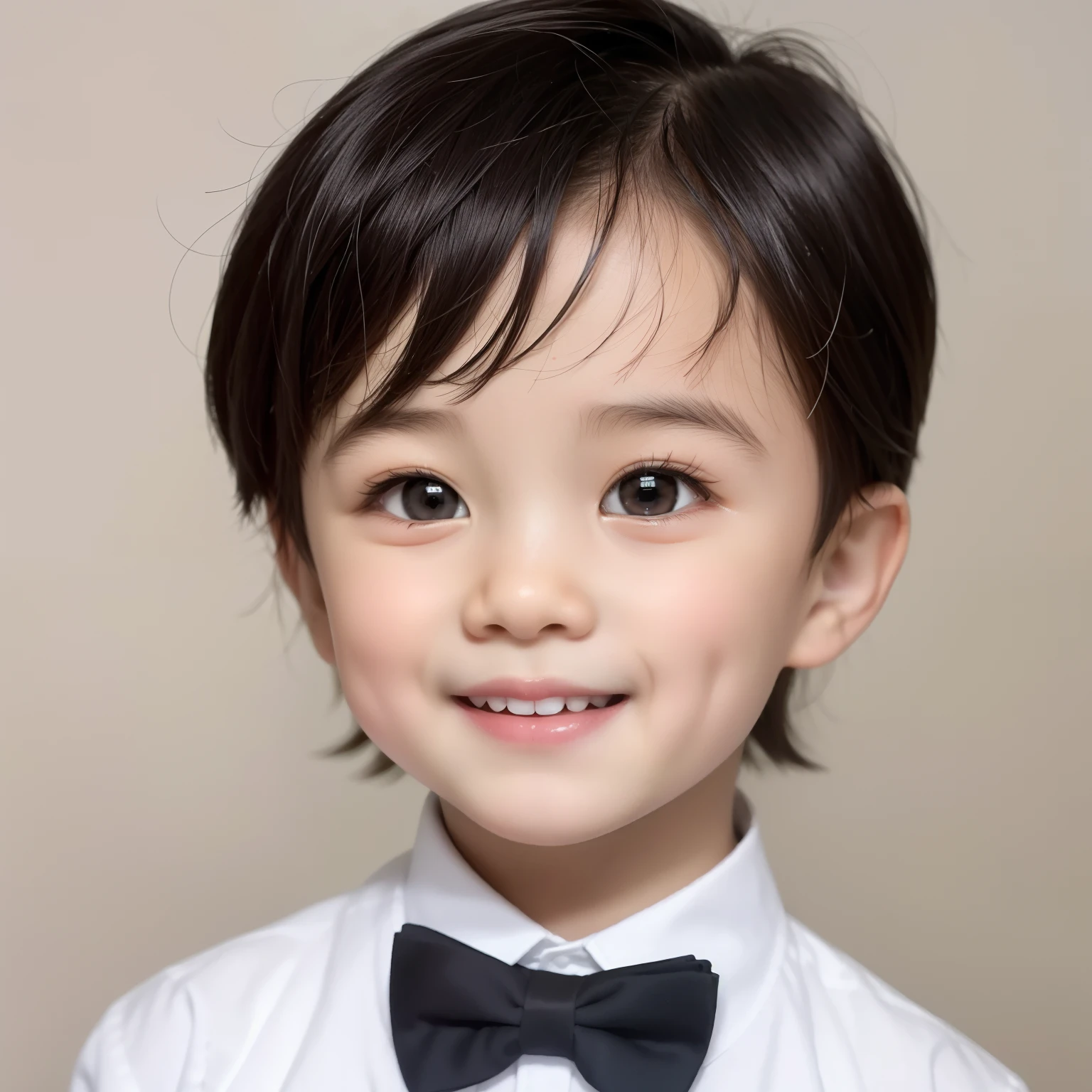 Modern style, white background, Chinese children's ID photo, handsome, smiling boy, black eyes, flat head, bow tie