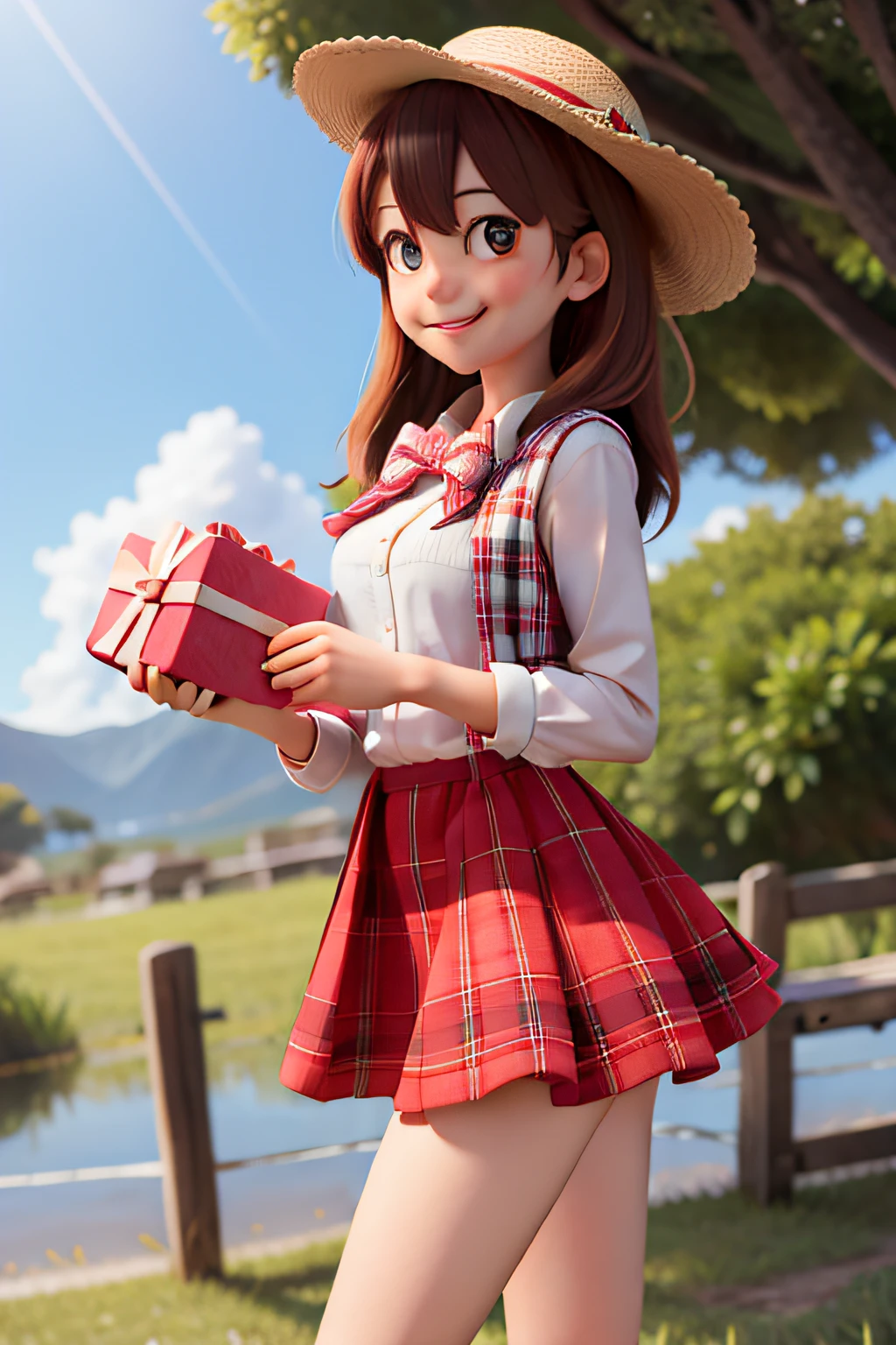 masterpiece, high quality best quality,1girl, bangs, beach, blue_sky, blush, bow, breasts, checkered, checkered_shirt, checkered_skirt, cloud, cloudy_sky, collarbone, day, envelope, giving, grass, hair_bow, heart, holding, holding_letter, horizon, incoming_gift, kazami_yuuka, leaning_forward, lens_flare, letter, light_rays, long_hair, looking_at_viewer, love_letter, mountain, mountainous_horizon, ocean, outdoors, plaid, plaid_background, plaid_bikini, plaid_bow, plaid_bowtie, plaid_bra, plaid_dress, plaid_headwear, plaid_jacket, plaid_legwear, plaid_necktie, plaid_neckwear, plaid_panties, plaid_pants, plaid_ribbon, plaid_scarf, plaid_shirt, plaid_skirt, plaid_vest, pov, shirt, skirt, sky, smile, solo, sun, sunbeam, sunlight, tree, unmoving_pattern