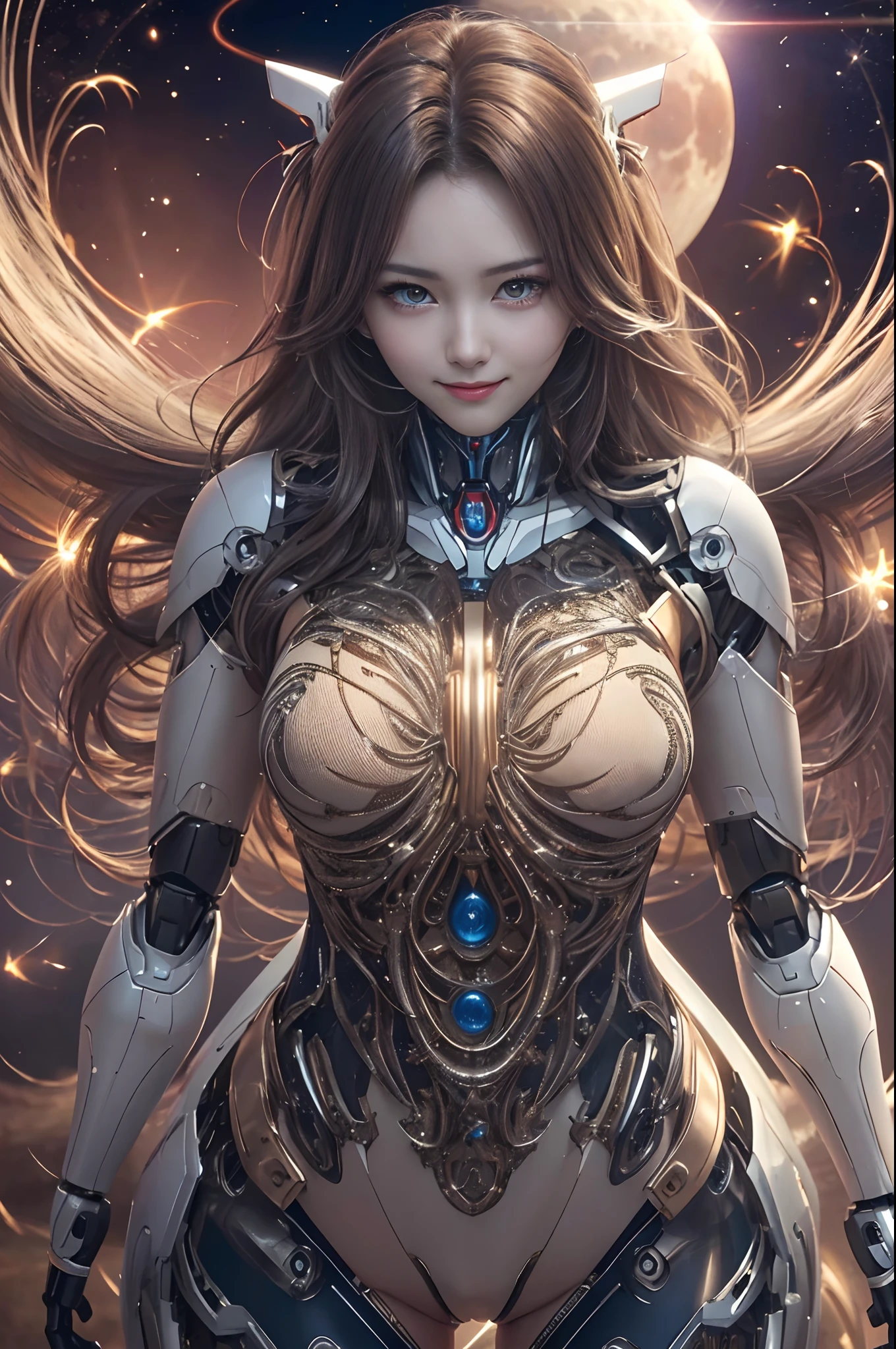 ​masterpiece、top-quality、ultra-detailliert、very detailed illustration、ighly detailed、intricate-detail、hight resolution、super complex details、extremely detailed 8k CG wallpaper、Full body shot、Caustics、Reflectors、Ray traching、(1 persons:1.5)、独奏、mecha musume、Mechanical parts、Robot joints、Complex mecha bodysuits、Super long hair、(Gentle smile:1.5)、beautiful countenance、A detailed face、perfectly proportions、爆乳、Beautiful waist、Navel、big butts、Neat and neat buttocks of round shape,、Crotch gap、Large Thigh、clong legs、white  hair、hairs between eyes、O cabelo multicolorido、Inner hair color、red eyes、Luminous Eyes、(randome pose、dynamicposes,:1.2)、(The background is outer space、stele、planet earth、a moon,)