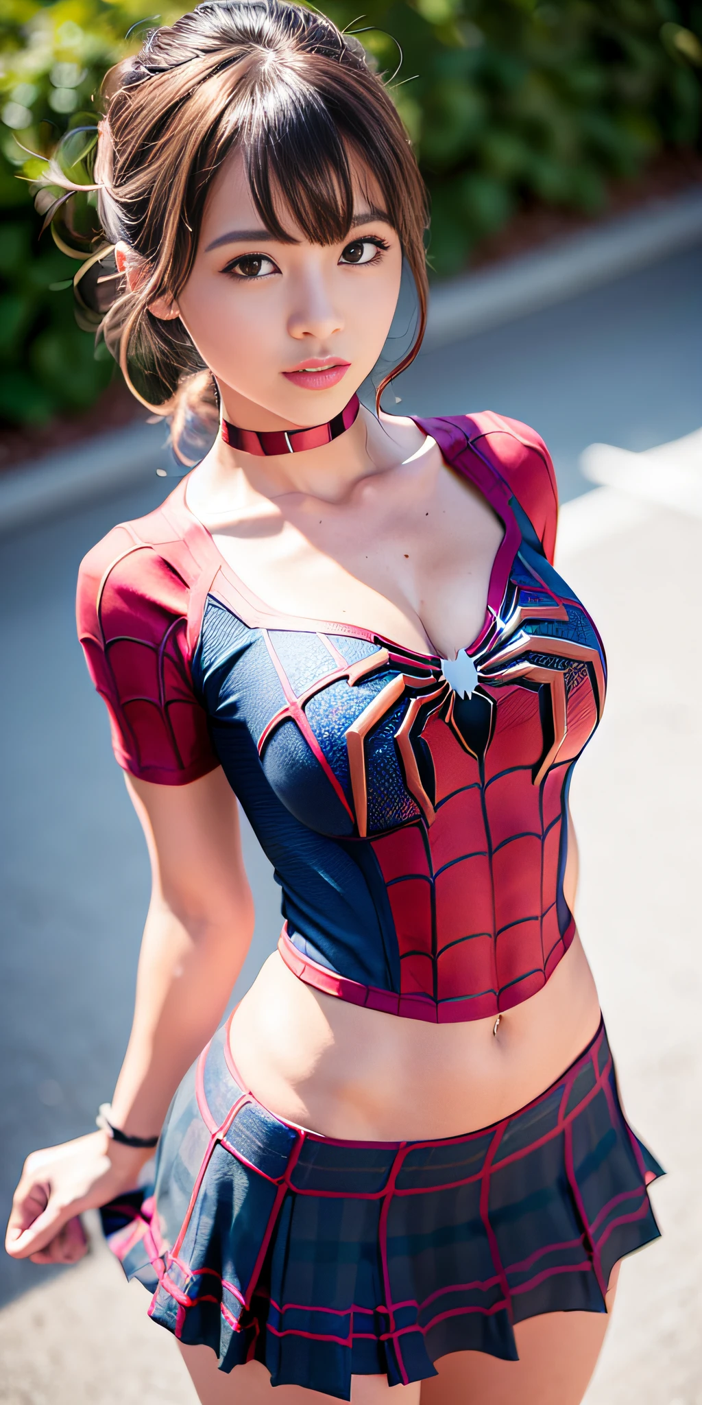 full body, (spider-man suit), nsfw, random view, best quality, masterpiece, movie grain, filmg, 1girl, looking at viewer, natural skin texture, realistic eye and face details, full lips, lips , (makeup), red eyeshadow, short messy hair, smile, open legs, slim complexion, slim_legs, only 1 woman, pre-large chest, cleavage, ((20% plaid miniskirt)), open white shirt, beautiful nature around flower location, (detailed background), neckline, Show a small cleavage through the shirt, blurred background, short sleeves, jk ribbon on the neck, brown-hair, bracelet, water, bangs, pleated skirt, depth of field, side sunlight rear, canon eos 50mm camera