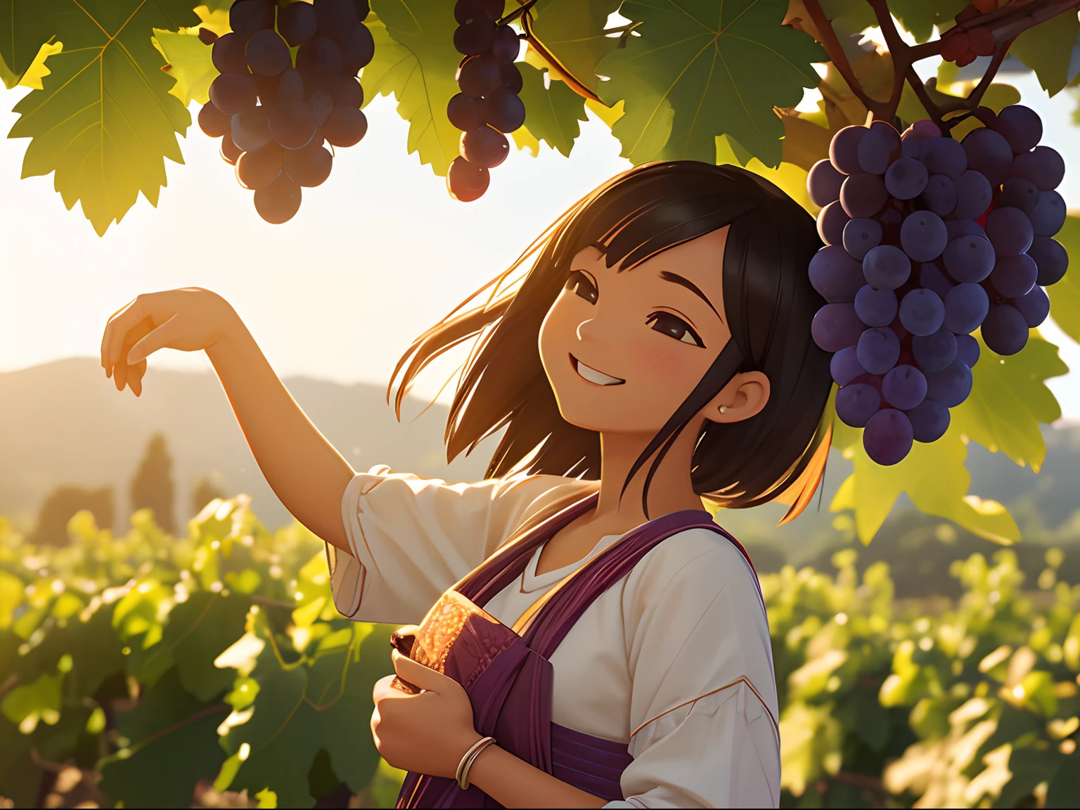 Octane Render、(Hyper-detailing: 1.15)、(Soft light、sharp: 1.2)、morning、Harvesting grapes, Enjoy grape picking、Distinctive ethnic hair ornaments、 Fuji Film, F/4.0, masutepiece, Anatomically correct、A smile, radiant light