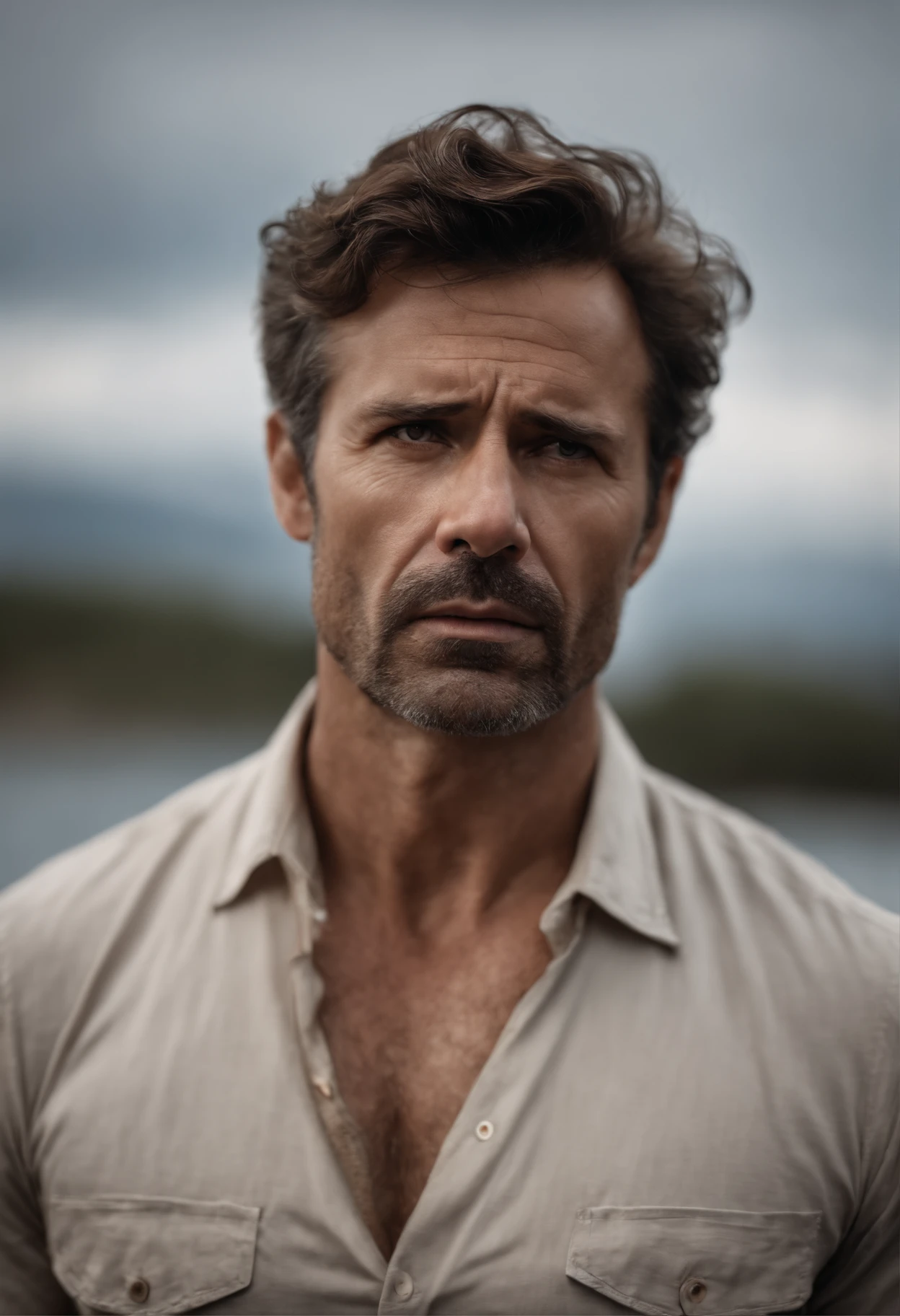 Impressive portrait of a 40-year-old man, deeply dejected and crying. Every detail is meticulously represented, from his naturally brown hair to his teary eyes, captured with exceptional quality in high resolution. The expression of sadness is remarkable, with a sharp focus that highlights intricate skin and eye details. This masterpiece was taken with an 85-millimeter Canon camera, providing a soft depth of field and enhancing the Kodak Vision color. The man's body is perfectly framed, resulting in an extremely detailed image that conveys the roughness of real life. This portrait is an example of ultra-realism in photography, with an 8K UHD image quality and post-processing that emphasizes the maximum amount of details.