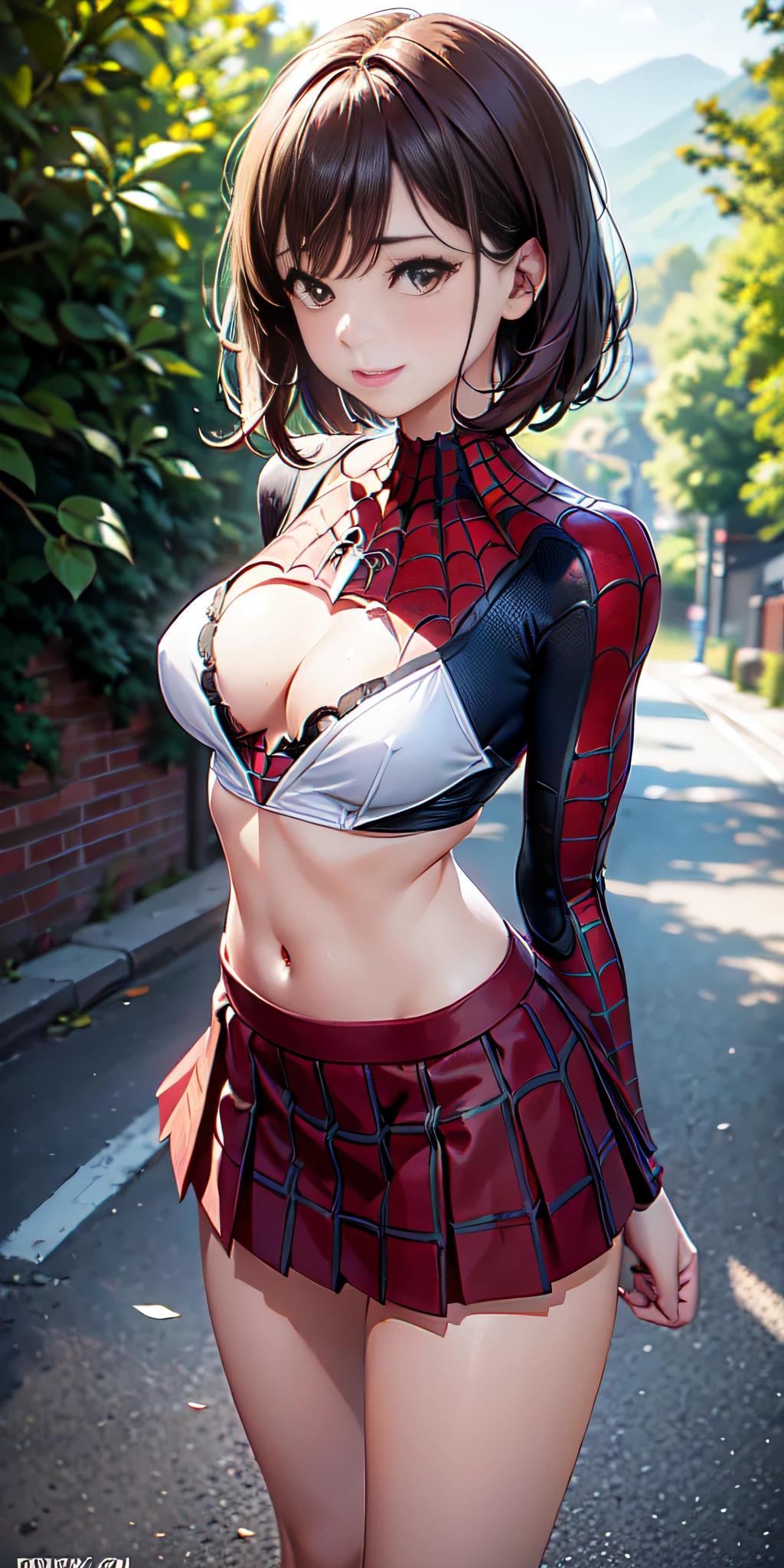 full body, (spider-man suit), nsfw, random view, best quality, masterpiece, movie grain, filmg, 1girl, looking at viewer, natural skin texture, realistic eye and face details, full lips, lips , (makeup), red eyeshadow, short messy hair, smile, open legs, slim complexion, slim_legs, only 1 woman, pre-large chest, cleavage, ((20% plaid miniskirt)), open white shirt, beautiful nature around flower location, (detailed background), neckline, Show a small cleavage through the shirt, blurred background, short sleeves, jk ribbon on the neck, brown-hair, bracelet, water, bangs, pleated skirt, depth of field, side sunlight rear, canon eos 50mm camera