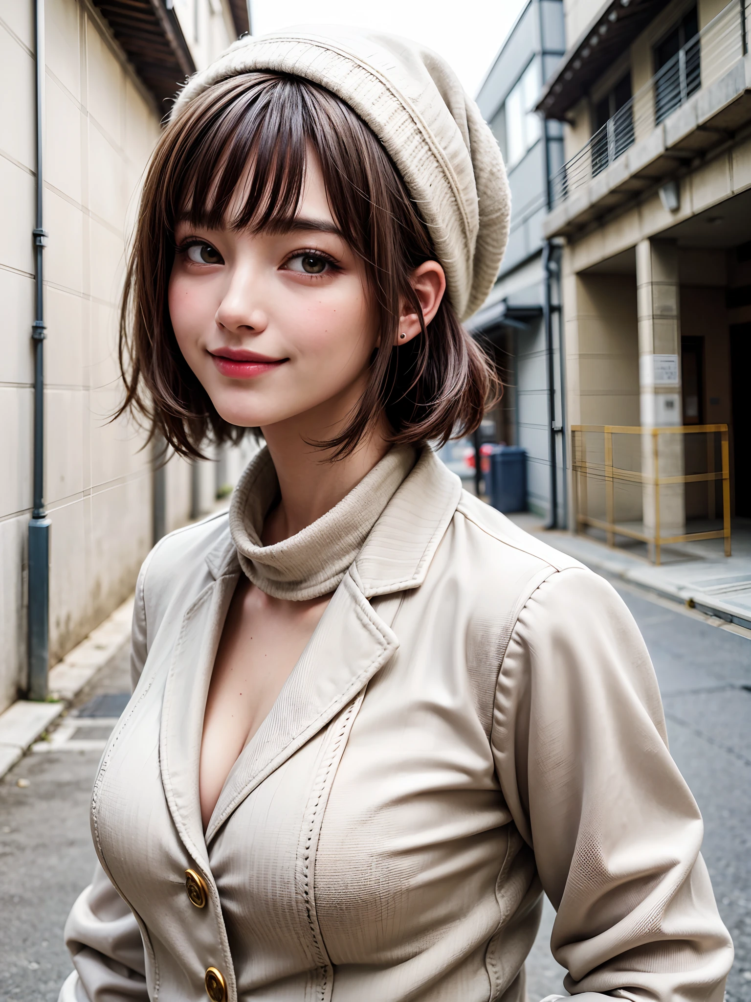 (Masterpiece:1.4, top-quality:1.4),1girl in, 独奏, A dark-haired, scarf, Hats,, realisitic, looking at the viewers, black eyes of light color, shorth hair, coat, Winter clothes, White headscarf, s lips, lipgloss,bangss,, a closed mouth, The upper part of the body、big eye、Lashes、((Street))、((Shorthair with bangs、big eye、Put very strong highlights in your students、very Bigger breasts、gazing at viewer、Very beautiful beauty、Put your ears out、long neck、little smiling、Close your mouth and smile)))、Beautiful adult woman full of very cute charm:1.4