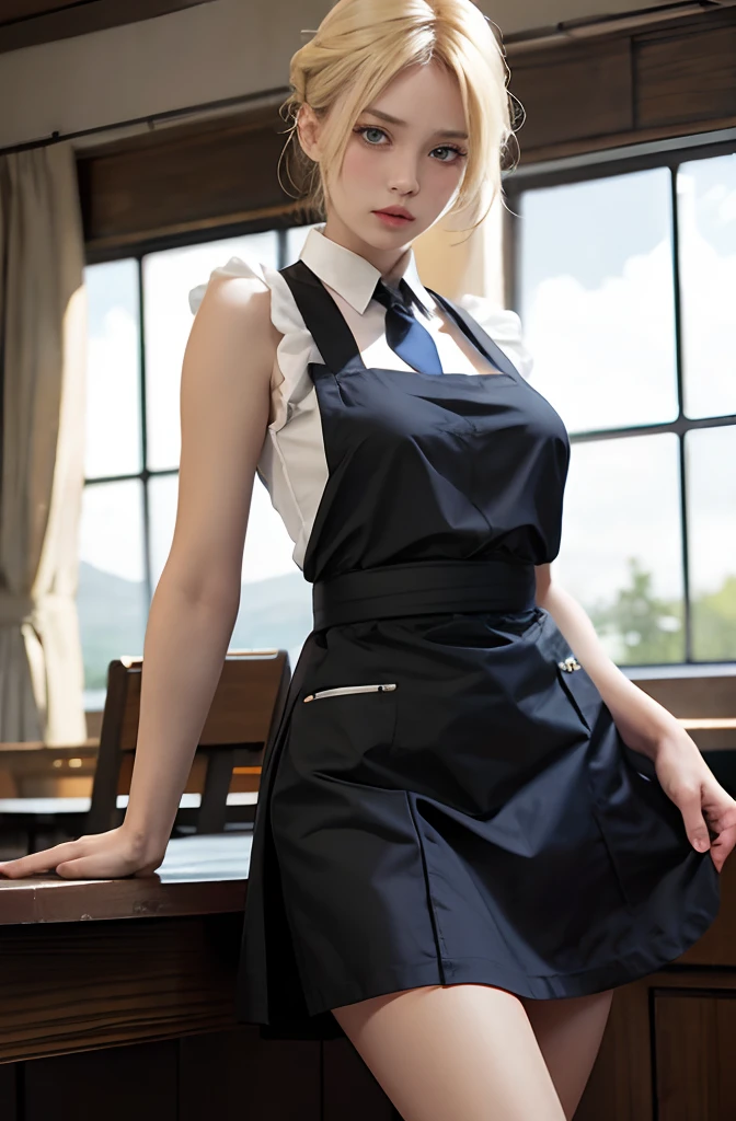 Sleeveless,woman samurai,Black apron skirt,European countryside,Blonde, Blue eyes