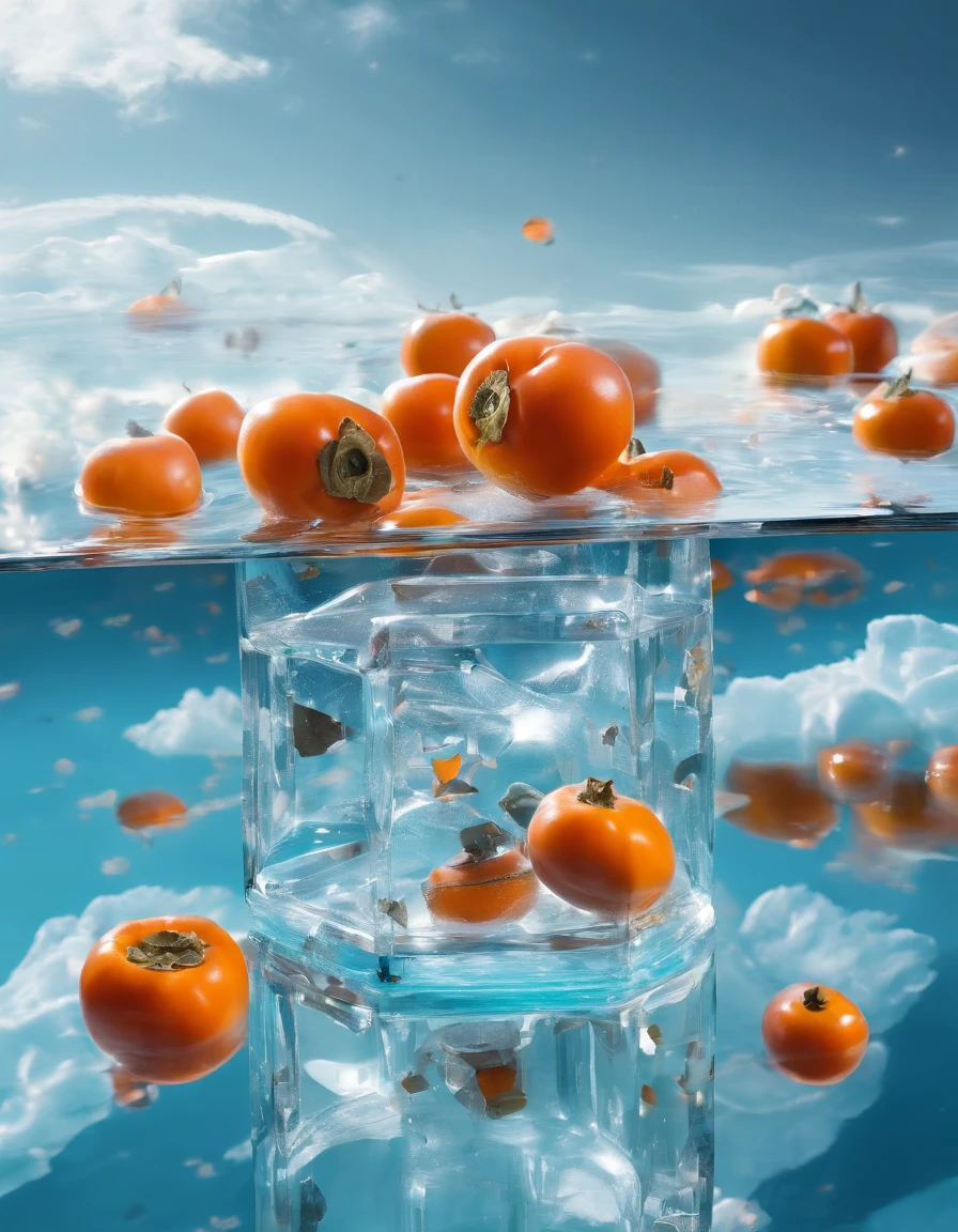Glass-transparent persimmons float on the surface of crystal clear water, icecreen,late autumn, Blue sky,