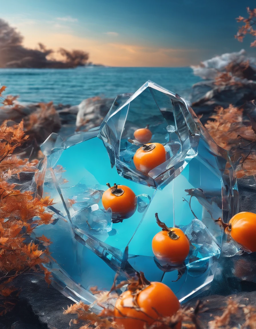 Glass-transparent persimmons float on the surface of crystal clear water, icecreen，late autumn, Blue sky,