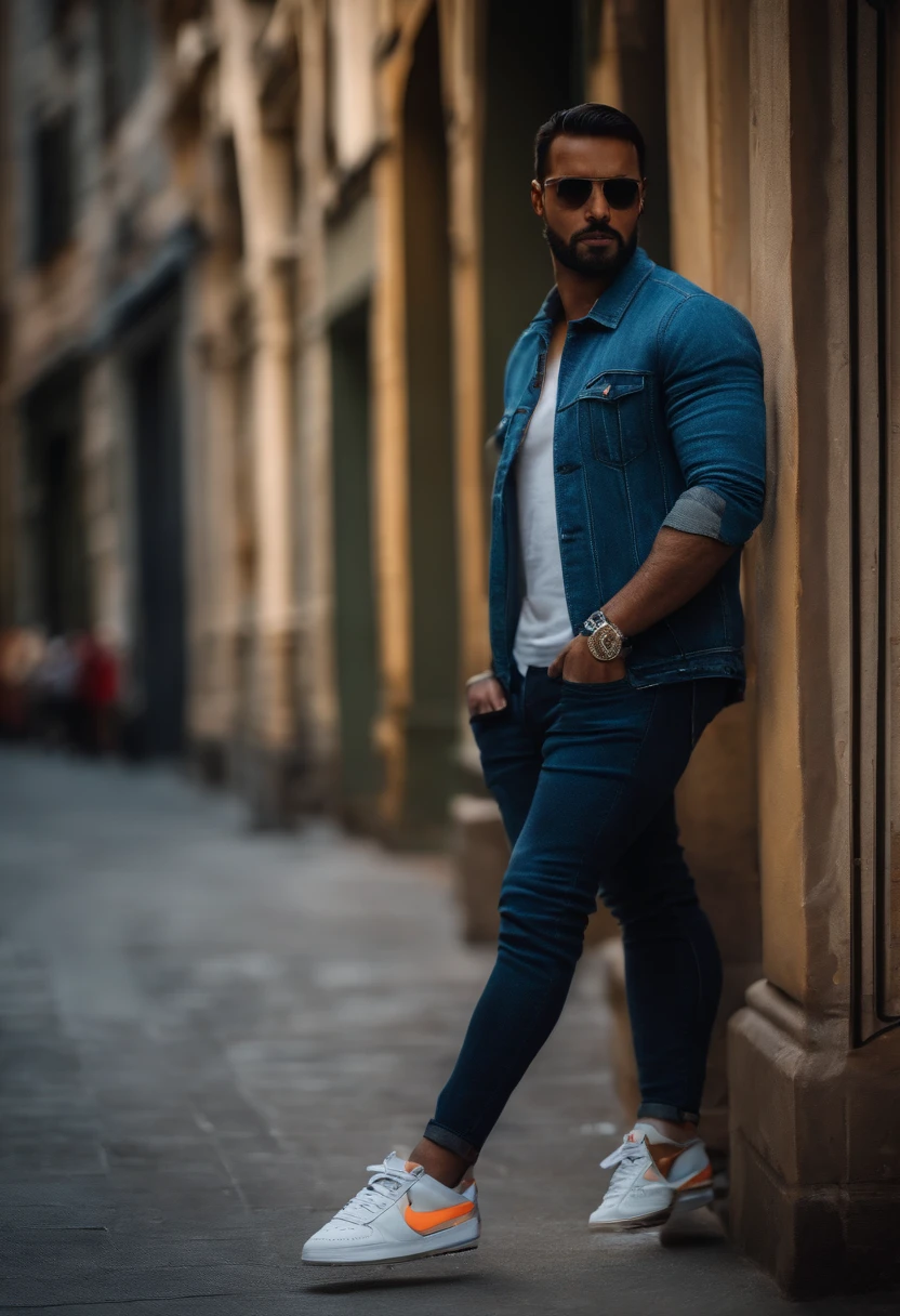 Uma foto do papa, vestindo uma jaqueta Jean, Sapatos Nike, em uma cidade, segurando uma espada