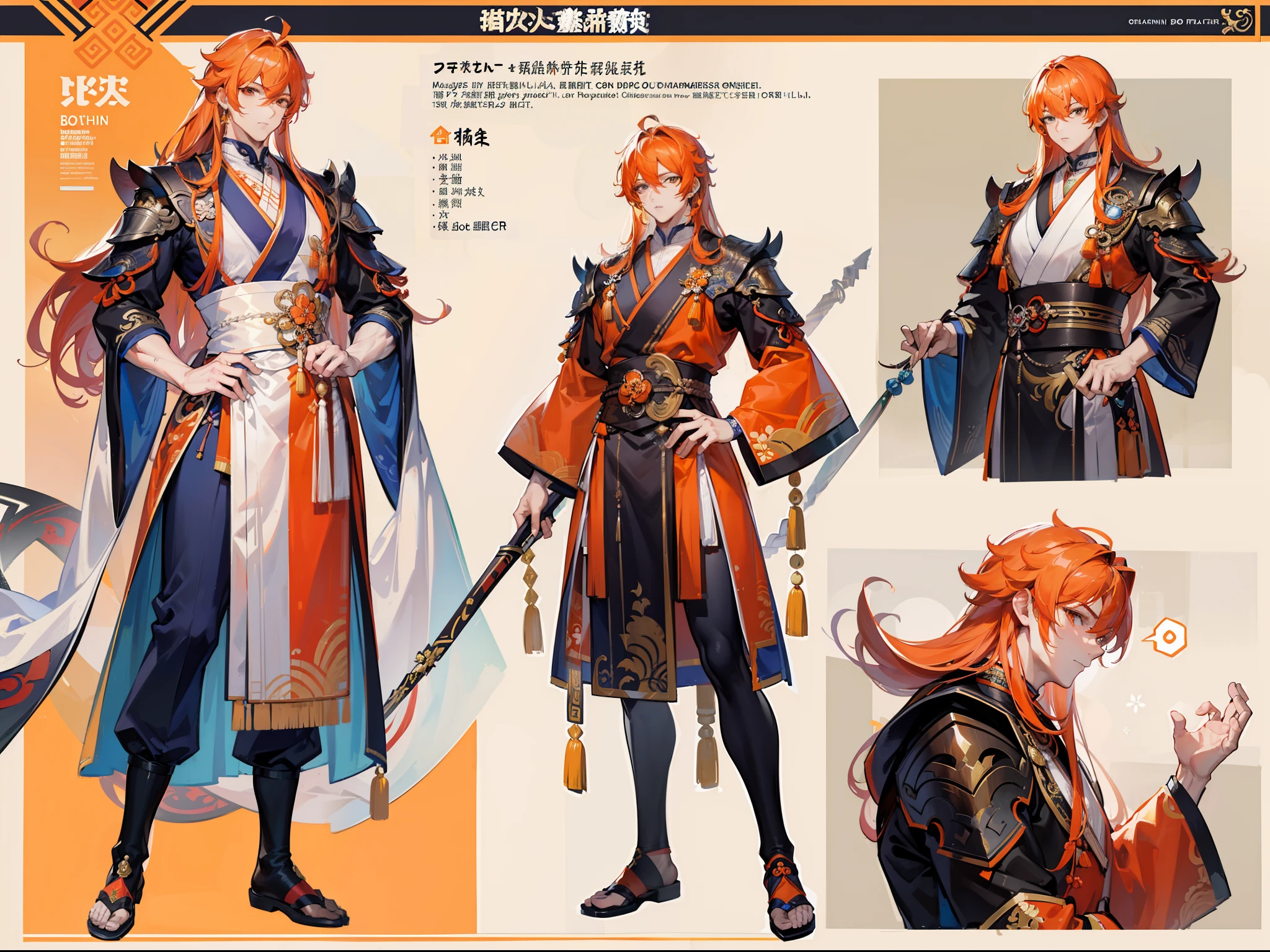 ((Masterpiece, Highest quality)), Detailed face, character design sheet, full bodyesbian, Full of details, frontal body view, back body view, Highly detailed, Depth, Many parts, Muscle boy with orange long hair,handsome man, Traditional chinese clothes, Genshin Impact, man tall