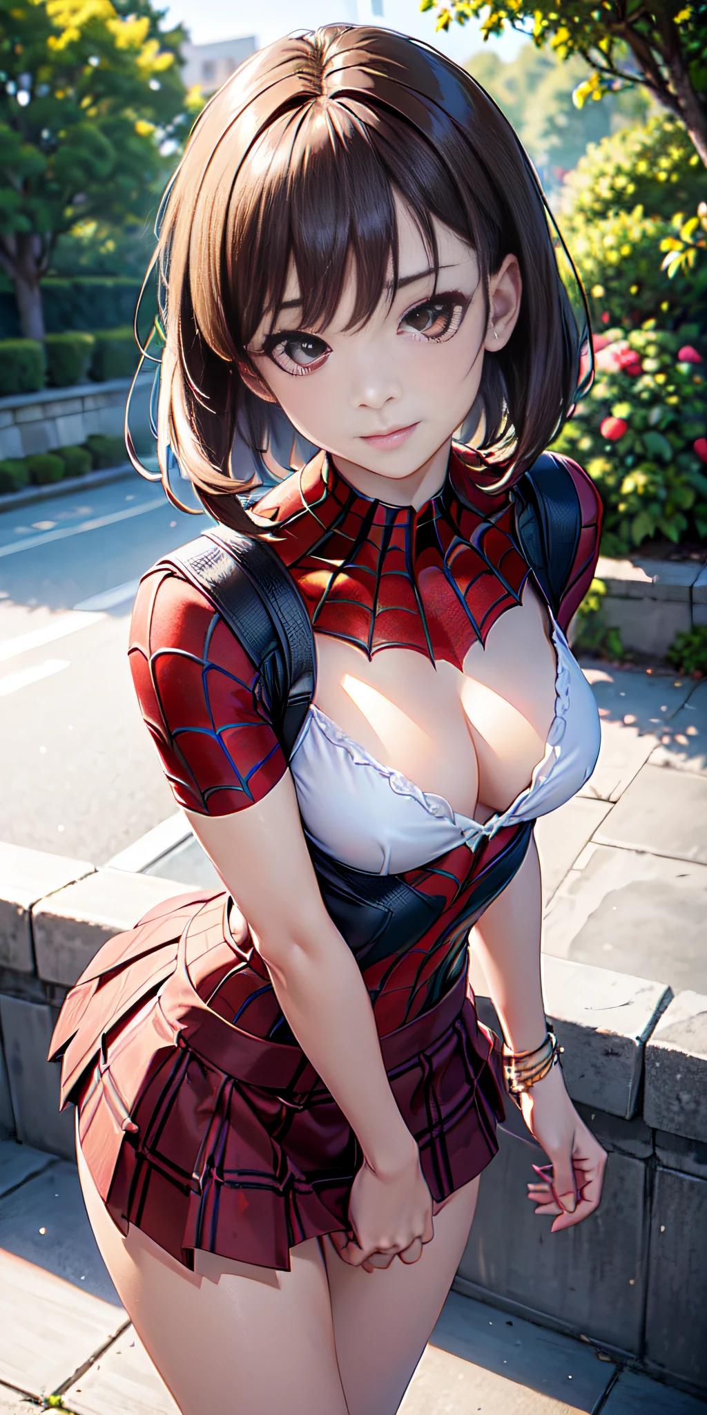 full body, (spider-man suit), nsfw, random view, best quality, masterpiece, movie grain, filmg, 1girl, looking at viewer, natural skin texture, realistic eye and face details, full lips, lips , (makeup), red eyeshadow, short messy hair, smile, open legs, slim complexion, slim_legs, only 1 woman, pre-large chest, cleavage, ((20% plaid miniskirt)), open white shirt, beautiful nature around flower location, (detailed background), neckline, Show a small cleavage through the shirt, blurred background, short sleeves, jk ribbon on the neck, brown-hair, bracelet, water, bangs, pleated skirt, depth of field, side sunlight rear, canon eos 50mm camera