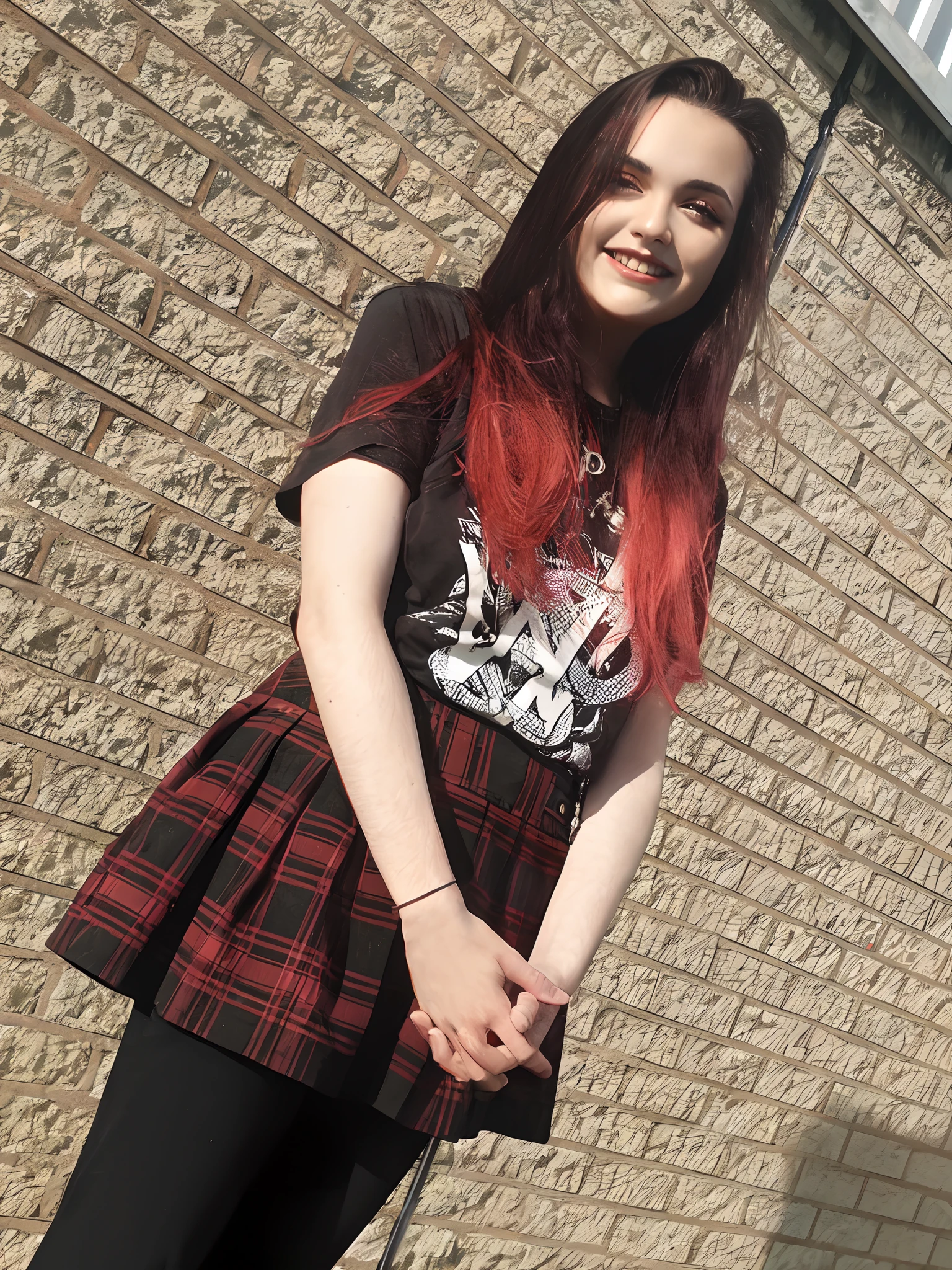 arafed woman with red hair and a black shirt holding a black umbrella, dressed in crustpunk clothing, 1 7 - - old h girl, dressed in punk clothing, wearing a punk outfit, goth girl, messy black / red hair, fishnets and a long tartan skirt, witchcore clothes, outfit photo, wearing punk clothing, black and red hair