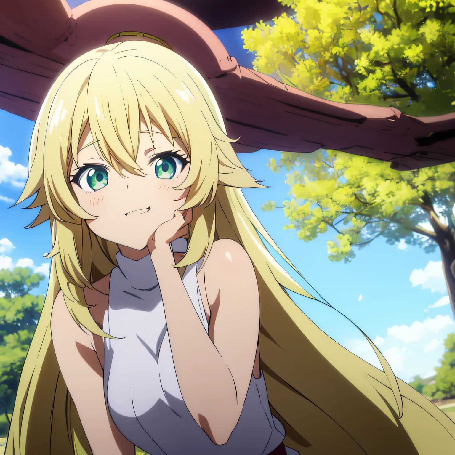 Anime Series Video Intro 25 Year Old Beautiful Woman Light Green Eye Color Blonde Hair Color,sobre un fondo de amor,alegria mucho , brillo y flores hermosas.La captura debe ser modo a cuerpo completo el personaje en pocision parada