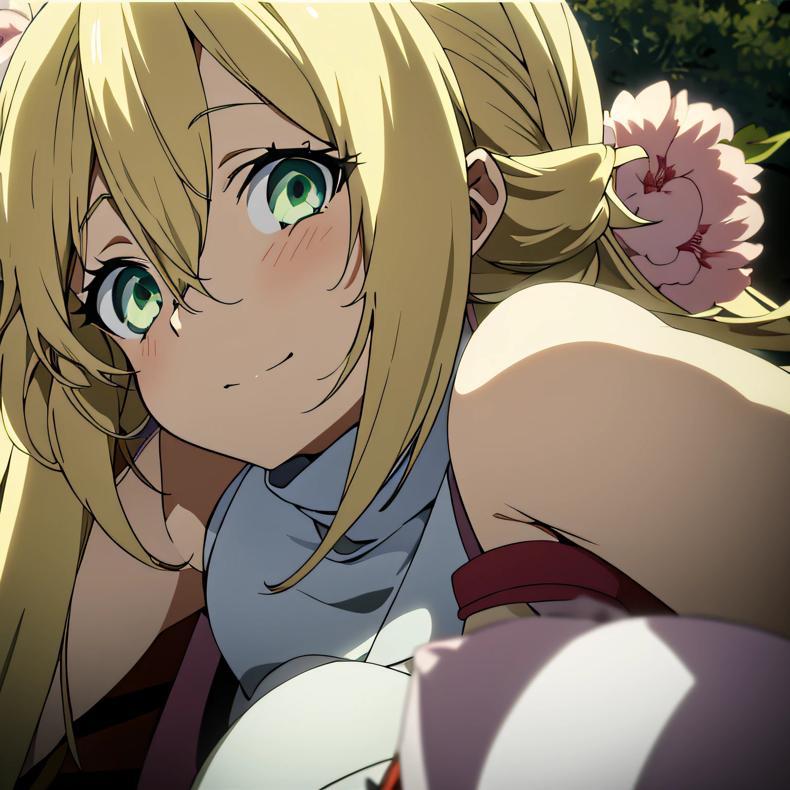 Anime Series Video Intro 25 Year Old Beautiful Woman Light Green Eye Color Blonde Hair Color,sobre un fondo de amor,alegria mucho , brillo y flores hermosas.La captura debe ser modo a cuerpo completo el personaje en pocision parada