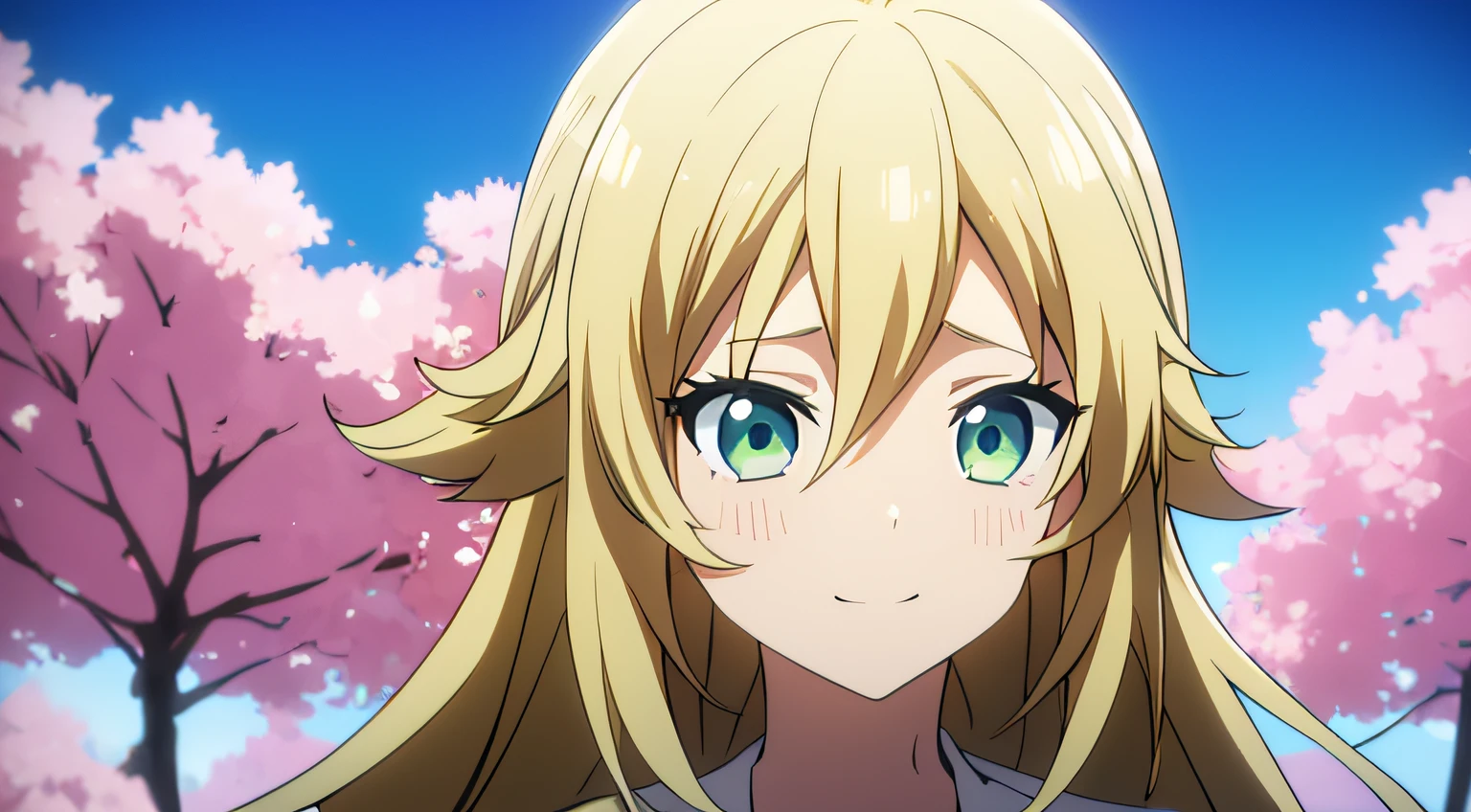 Anime Series Video Intro 25 Year Old Beautiful Woman Light Green Eye Color Blonde Hair Color,sobre un fondo de amor,alegria mucho , brillo y flores hermosas.La captura debe ser modo a cuerpo completo el personaje en pocision parada