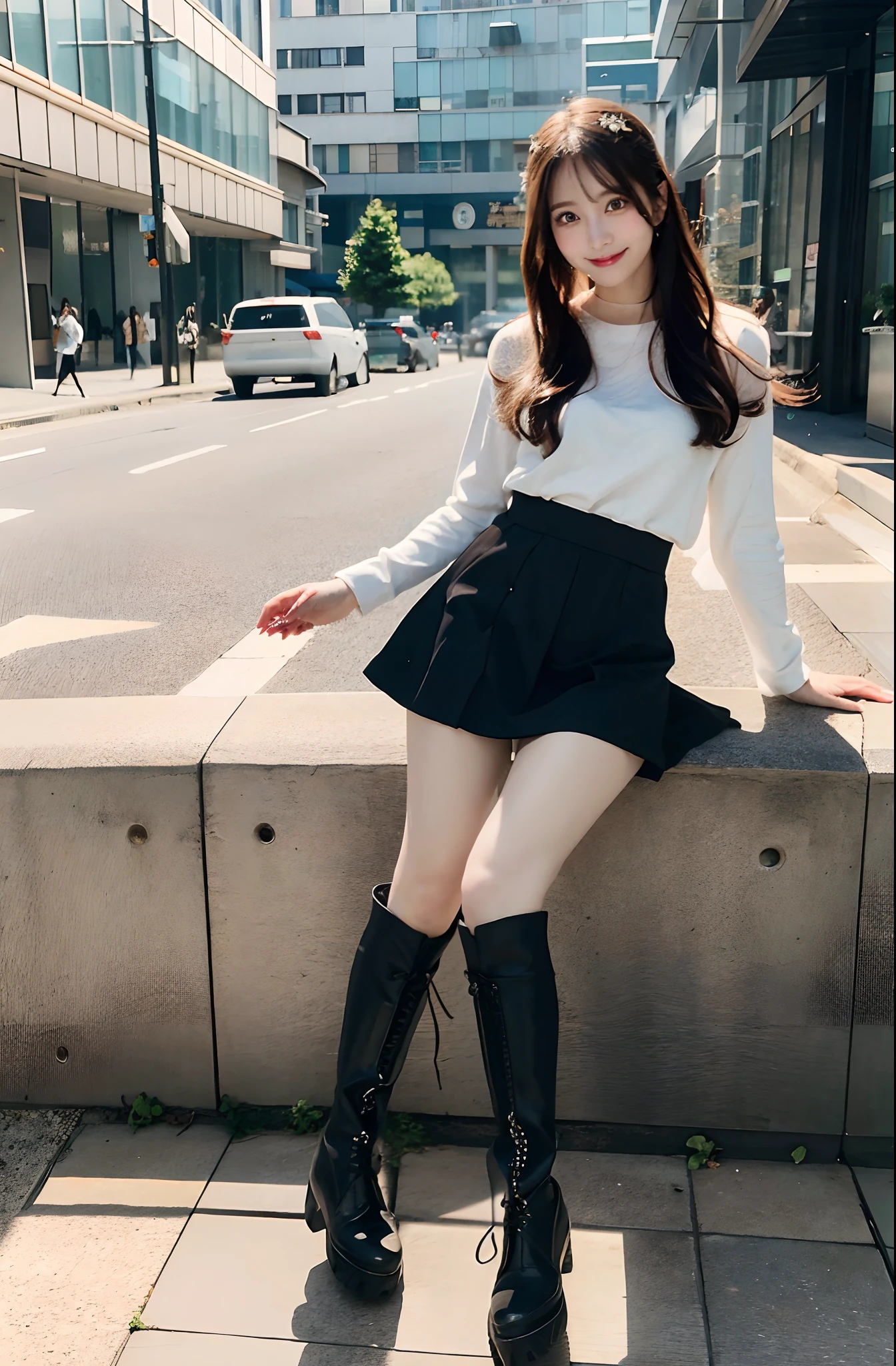 masutepiece, Best Quality, Illustration, Ultra-detailed, finely detail, hight resolution, 8K Wallpaper, Perfect dynamic composition, Beautiful detailed eyes, Medium Hair, Natural Color Lip, Random Poses,Smile,Aoyama Street Walk、20 years girl,front facing, medium shot, a miniskirt, long boots