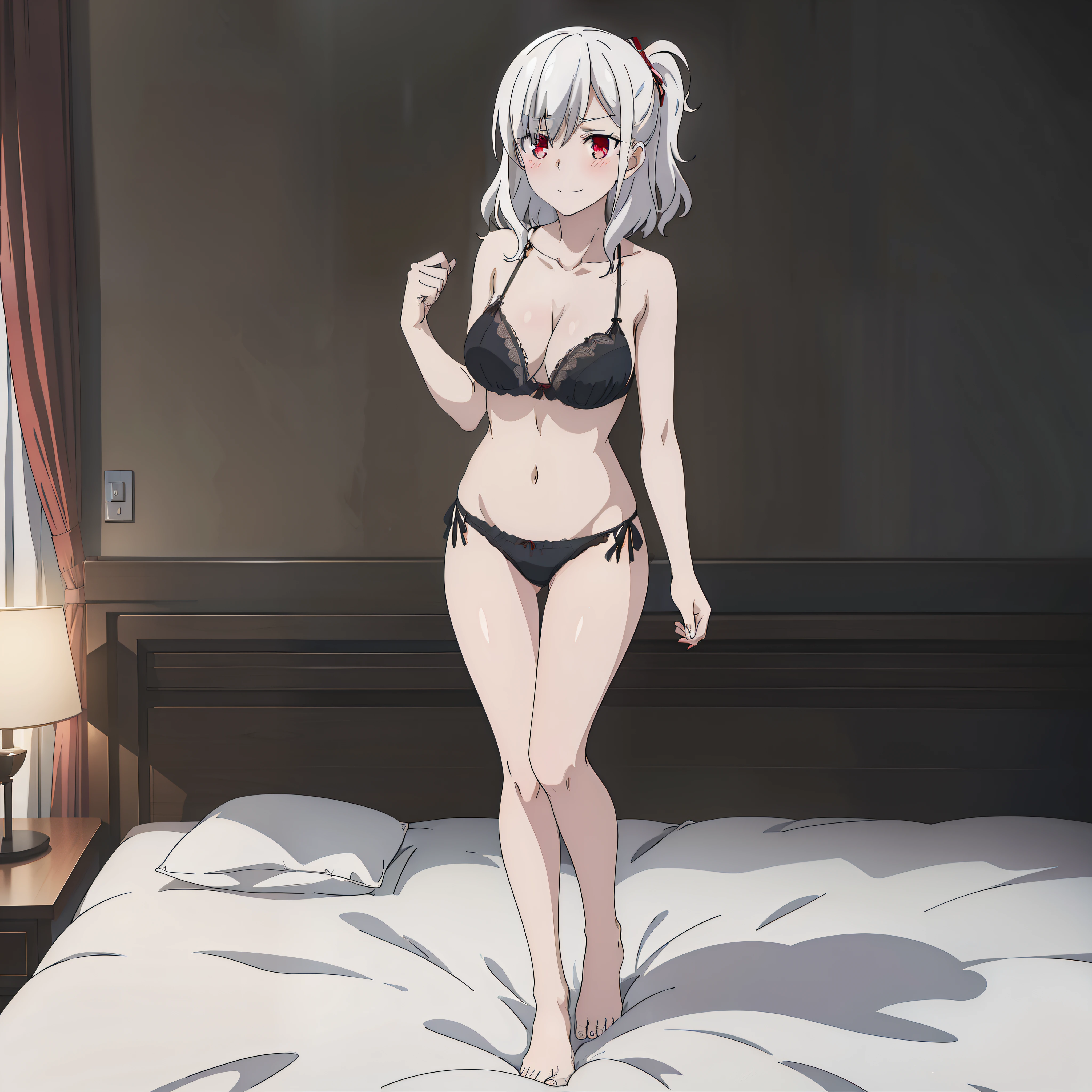 1girl,big breasts,hotel room,(8k),scratches,detailed face,white hair,red eyes,medium hair,embarassed,shy,small smile,high_res, high_definition,sexy pose,black sexy lingerie,full body,