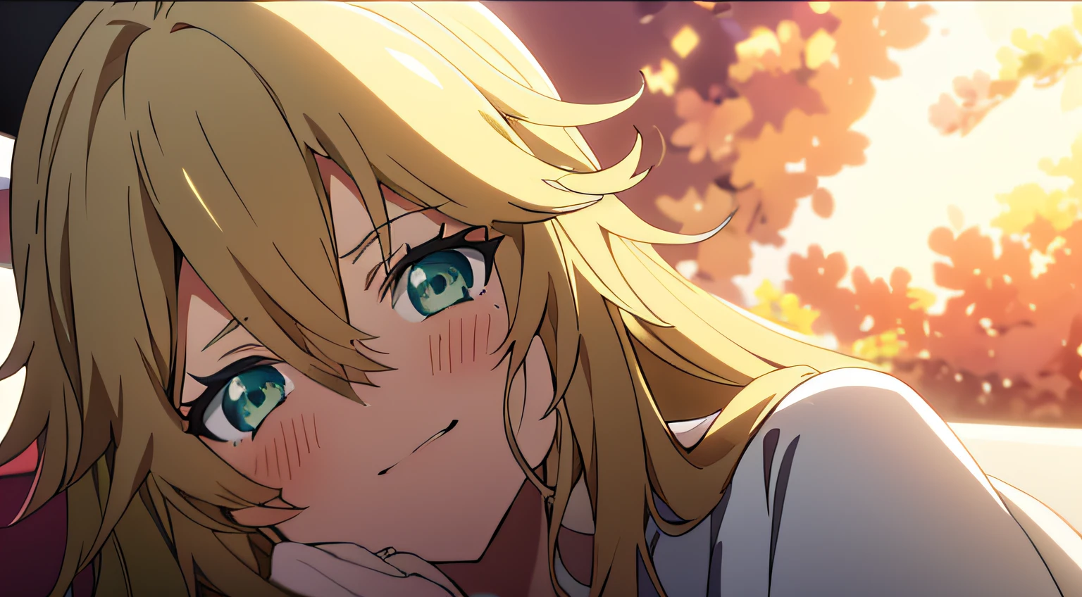 Anime Series Video Intro 25 Year Old Beautiful Woman Light Green Eye Color Blonde Hair Color,sobre un fondo de amor,alegria mucho , brillo y flores hermosas.La captura debe ser modo a cuerpo completo el personaje en pocision parada