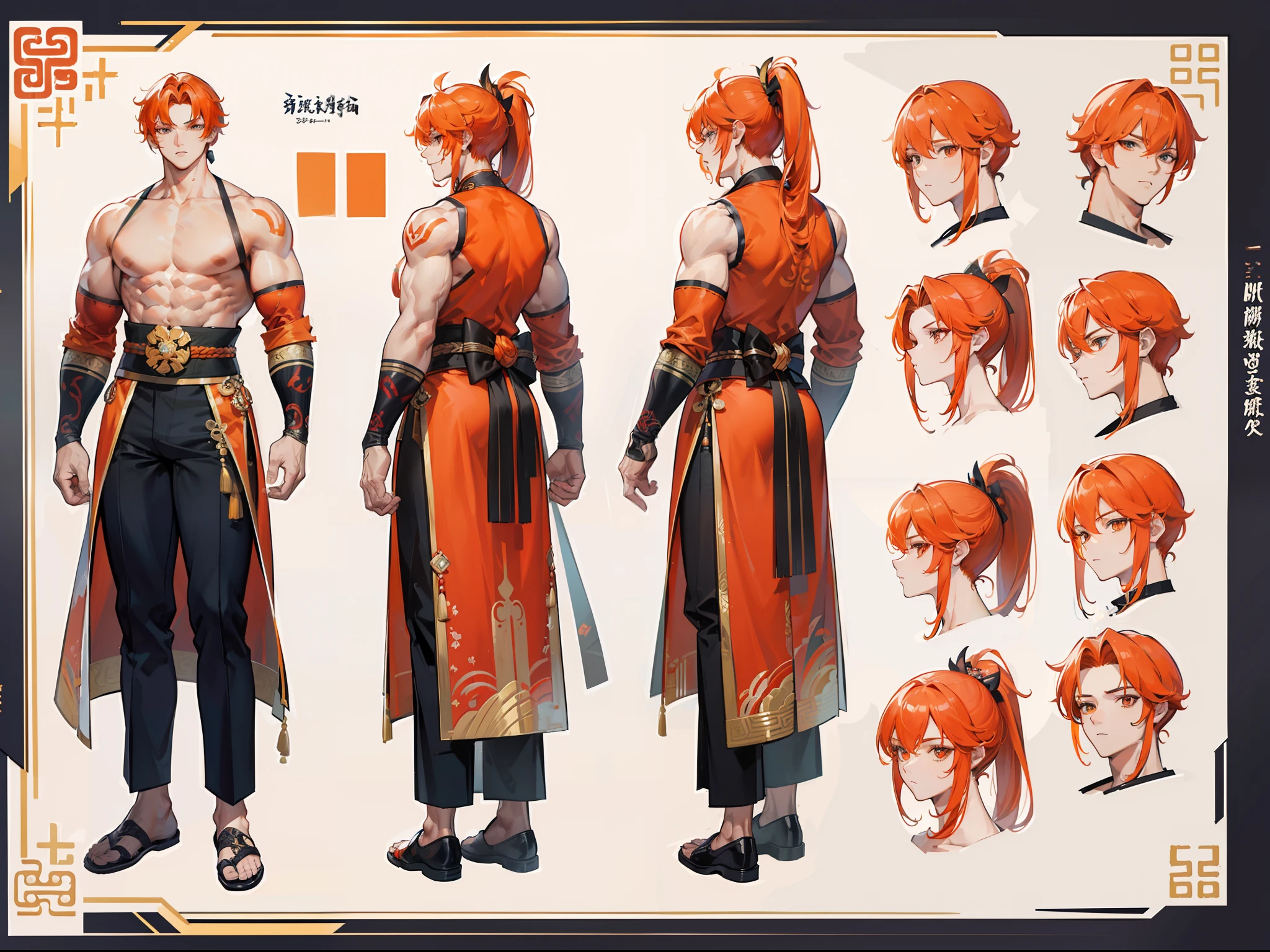 ((Masterpiece, Highest quality)), Detailed face, character design sheet， full bodyesbian, Full of details, frontal body view, back body view, Highly detailed, Depth, Many parts, Muscle boy with ponytail long orange hair，handsome man, muscle body, Traditional chinese clothes, Genshin Impact, man tall,