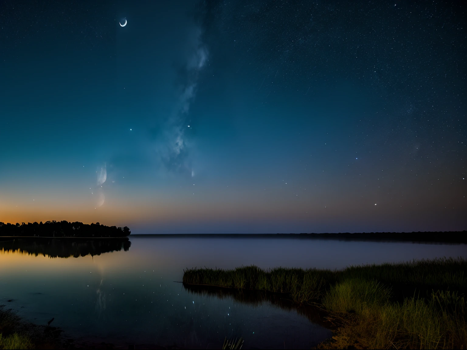 Night photography, a beautiful and foggy lake, with an unusual sky view, a full moon and the milky way, reflections