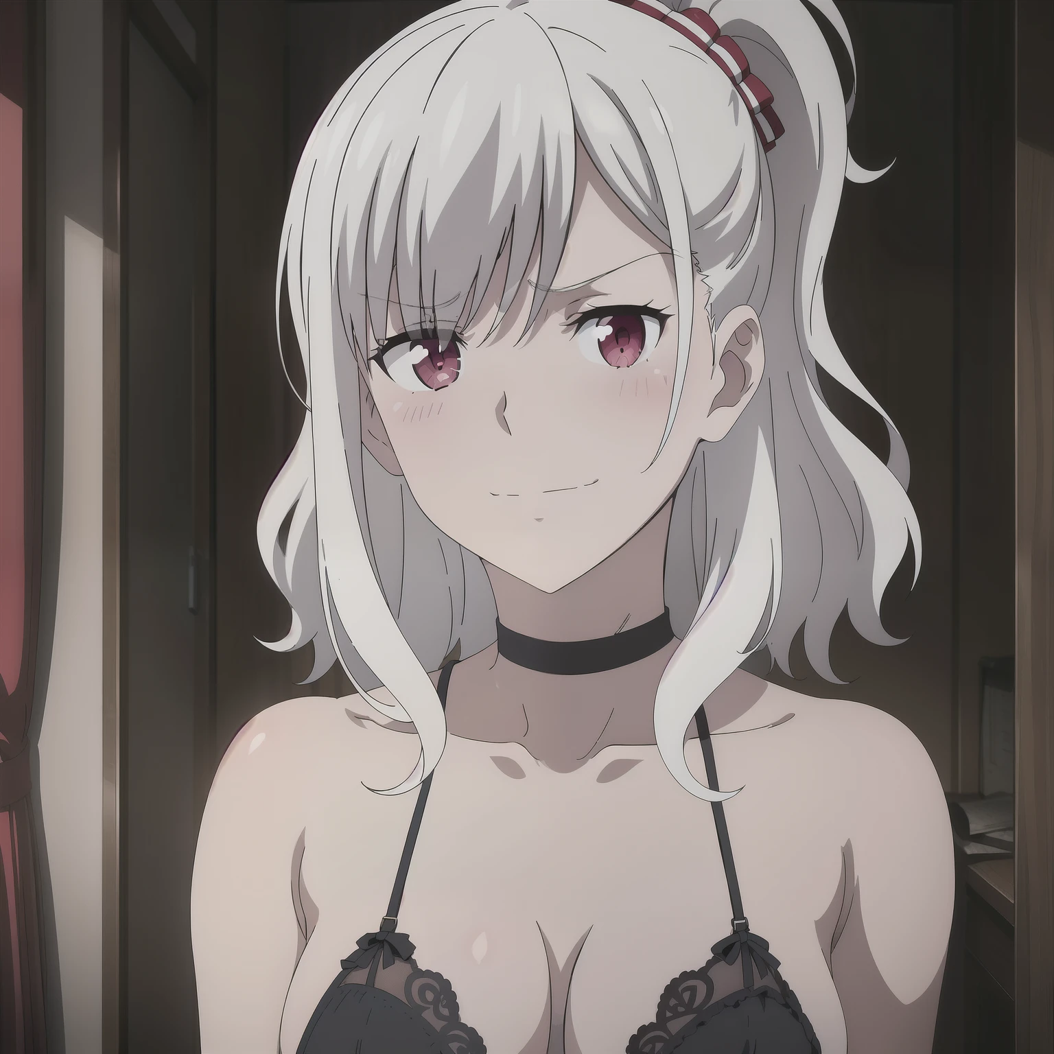 1girl,big breasts,hotel room,(8k),scratches,detailed face,white hair,red eyes,medium hair,embarassed,shy,small smile,high_res, high_definition,sexy pose,black sexy lingerie,full body,