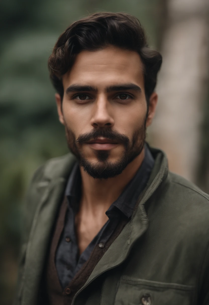 homem negro, corpo inteiro, Um jovem, Homem, best quality, alta qualidade, high resolution), realista, ultra-detalhado, highly detailed face features, realistic lighting and reflections, highly detailed face features, melhor foto,high-quality illustration, hippie, Feliz, ao fundo uma floresta, tatuagens, olhos verdes, barba curta, cabelos curtos, sorrindo, pose pra foto