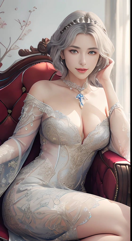 (masutepiece, Best Quality: 1.4), in 8K,Raw photo,Real person,Photorealistic, (full bodyesbian:1.5), Bright natural light, Glossy skin, Detailed skin, Detailed face, Detailed eyes, Perfect beautiful hands, Detailed fingers, beautifully detailed eyes, Perfect eyes, Seductive eyes,A charming smile、 beautiful mature lady、Mature woman with sexy body, Medieval emperors、Medieval emperor's dress with luxurious embroidery(Intricate details of the dress)、The emperor's chair with luxurious and delicate very high backrest、cross-legs sitting、short silver hair