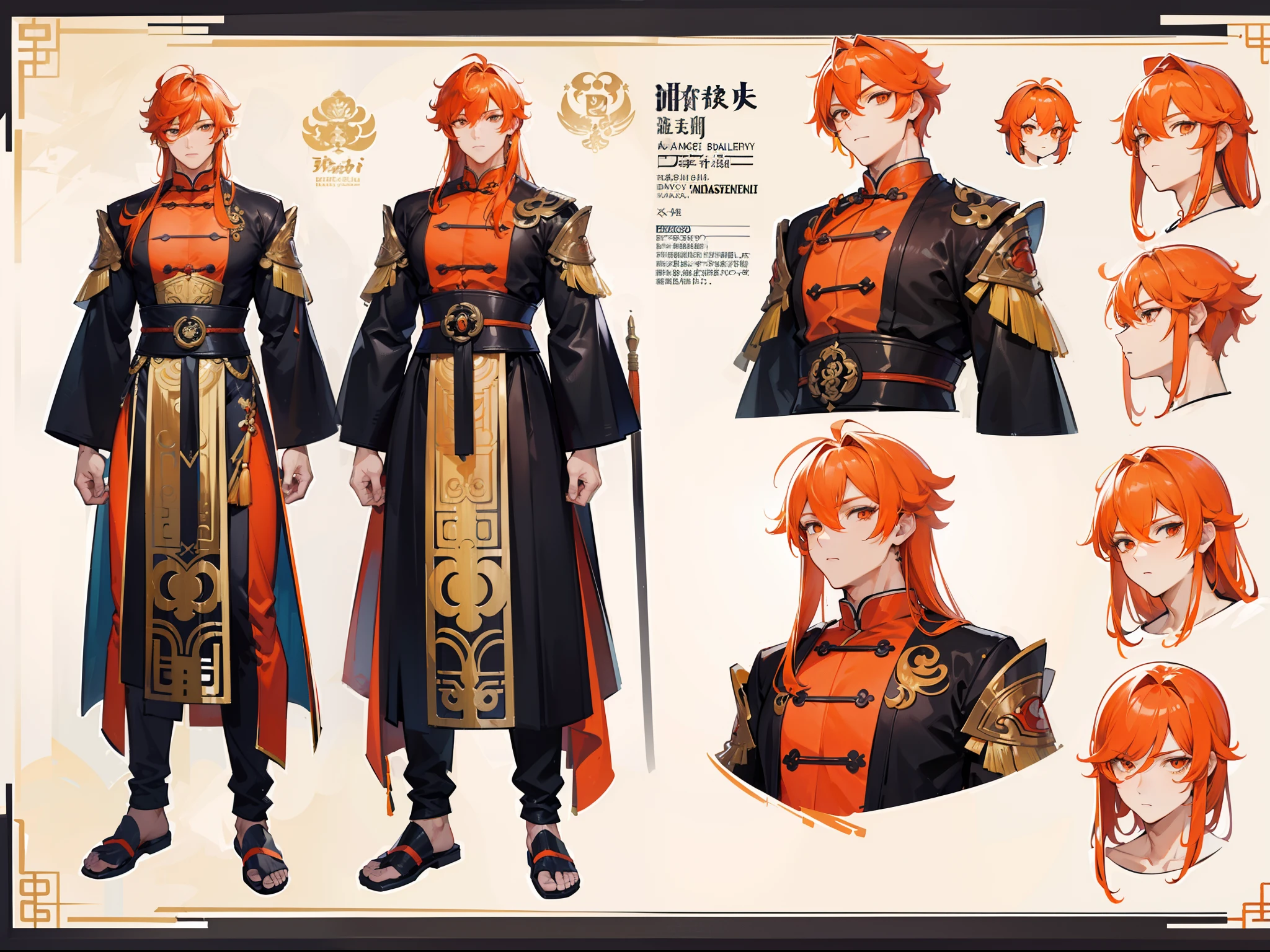 ((Masterpiece, Highest quality)), Detailed face, character design sheet， full bodyesbian, Full of details, frontal body view, back body view, Highly detailed, Depth, Many parts, Muscle boy with long orange hair with long bangs，handsome man, muscle body, Traditional chinese clothes, Genshin Impact, man tall