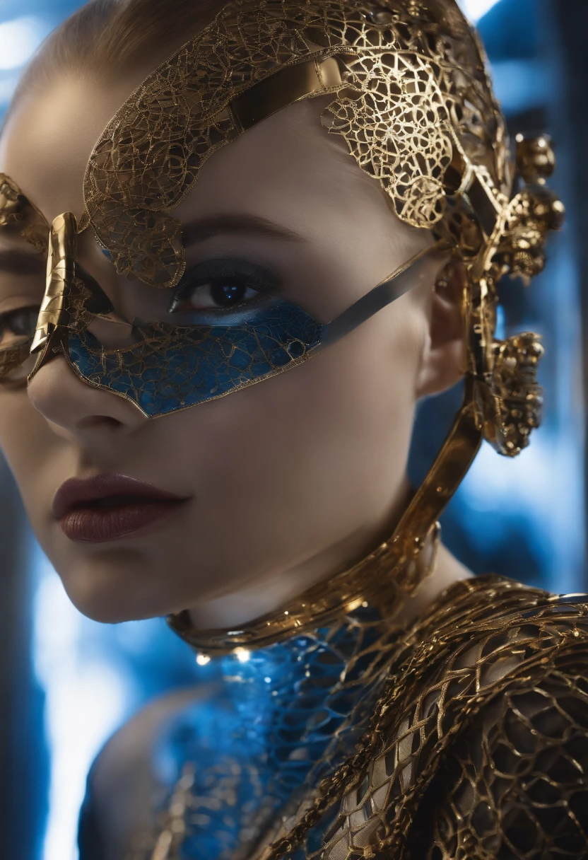 "Create a visual representation of a cybernetic female figure. Half of your face should be adorned with a gold metallic mask or implant, Richly detailed with intricate patterns, engrenagens e elementos que lembram circuitos. The other half of the face should exhibit smooth skin with a metallic bluish tint. Your eyes should be piercing and an electric blue. Lips should be subtle and well-defined, with a dark blue metallic tone. Include a Cyber Hand, Also detailed in gold and blue metal, tocando suavemente o rosto. Lighting should offer a predominance of cool shades of blue, but also warm golden reflections. A atmosfera geral da imagem deve ser futurista, misteriosa e elegante."