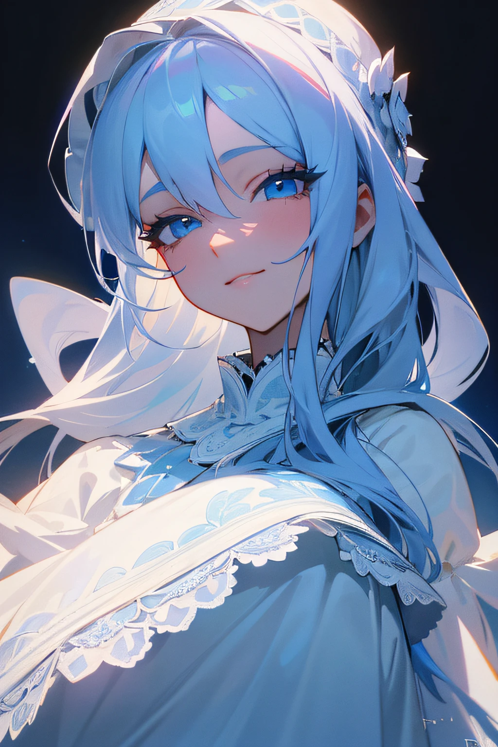 Light blue dark long hair, eBlue eyes White lace dress Rose garden A smile tmasterpiece Top image quality Clear cinematic shadow Increases the attractiveness of the eyes Clears the shine of the eyes Draw eyelashes neatly Perfect eye A detailed eye Sharpen image quality Sharp eyes write Clear eye shape